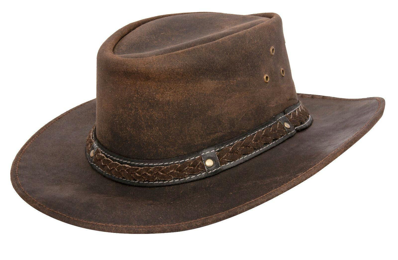 Infinity Leather Black/Brown Cowboy Aussie Real Leather Hat Australian Western Outback Bush Hat - S
