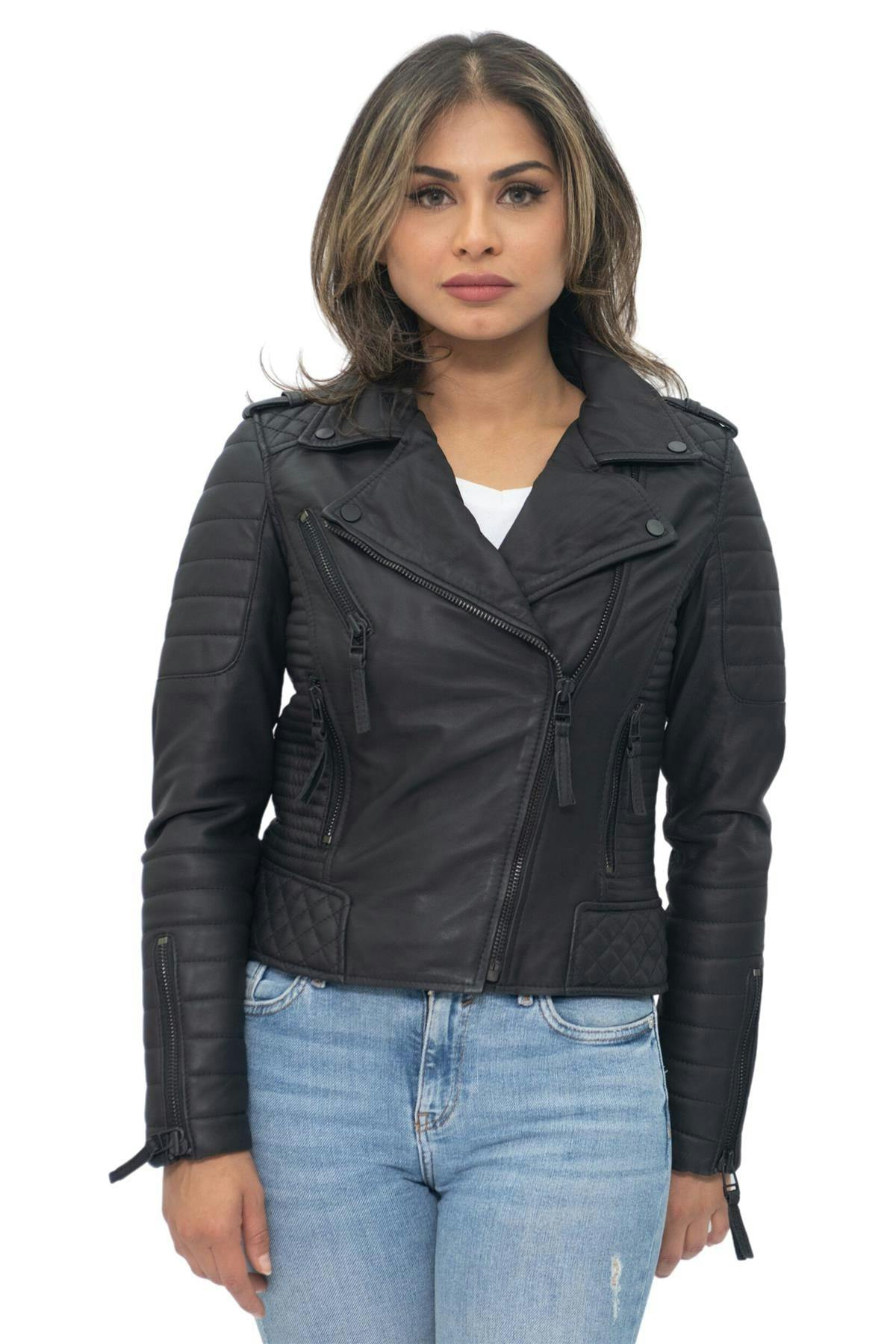 Infinity Leather Women's Black Leather Quilted Vintage Brando Biker Jacket-Lusaka - Uk S/10 | Eu 36 | Us 6