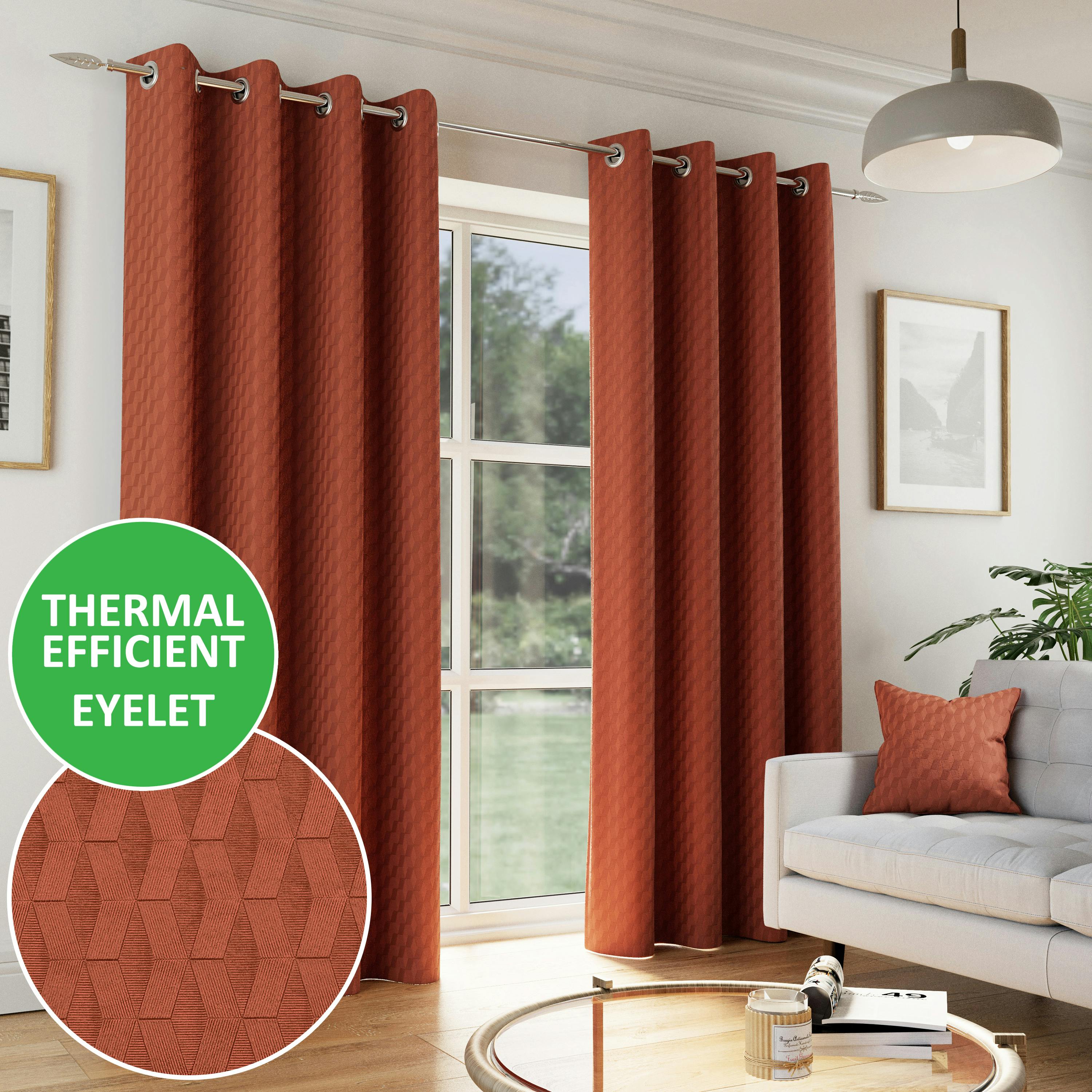 Enhanced Living Orange Geometric Velvet Embossed Thermal Room Darkening Curtains For Bedroom & Living Room - 66" (168Cm) Width X 54" (137Cm) Drop