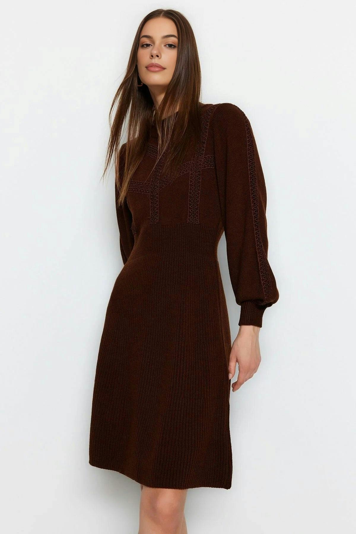 Wovcor Brown Mini Knit Lace Dress - Xs