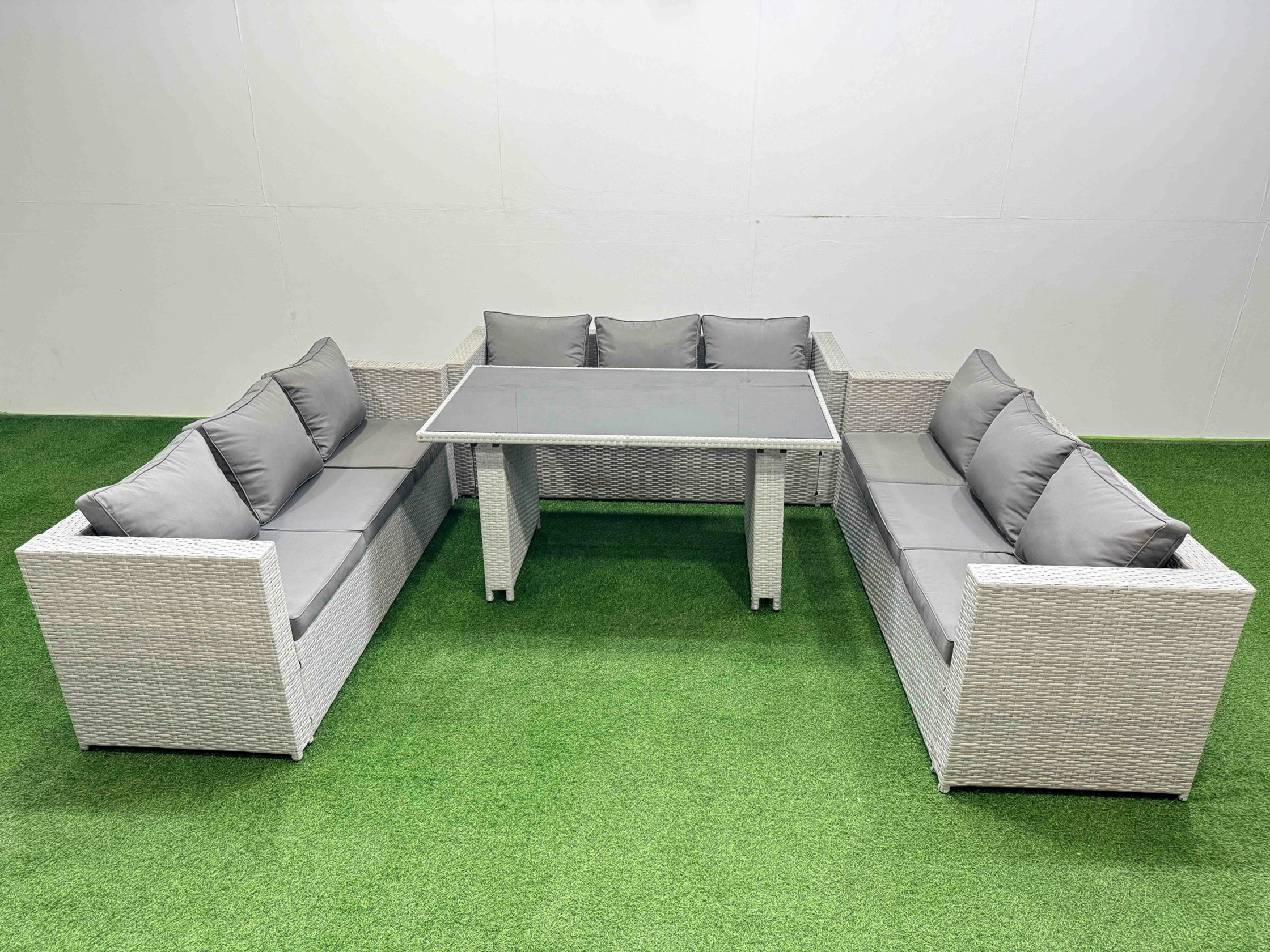 Fimous Black/Light/Grey Patio Outdoor Garden Furniture Sets With Glass Top Dining Table 3 Seater Sofa 2 Side Tables