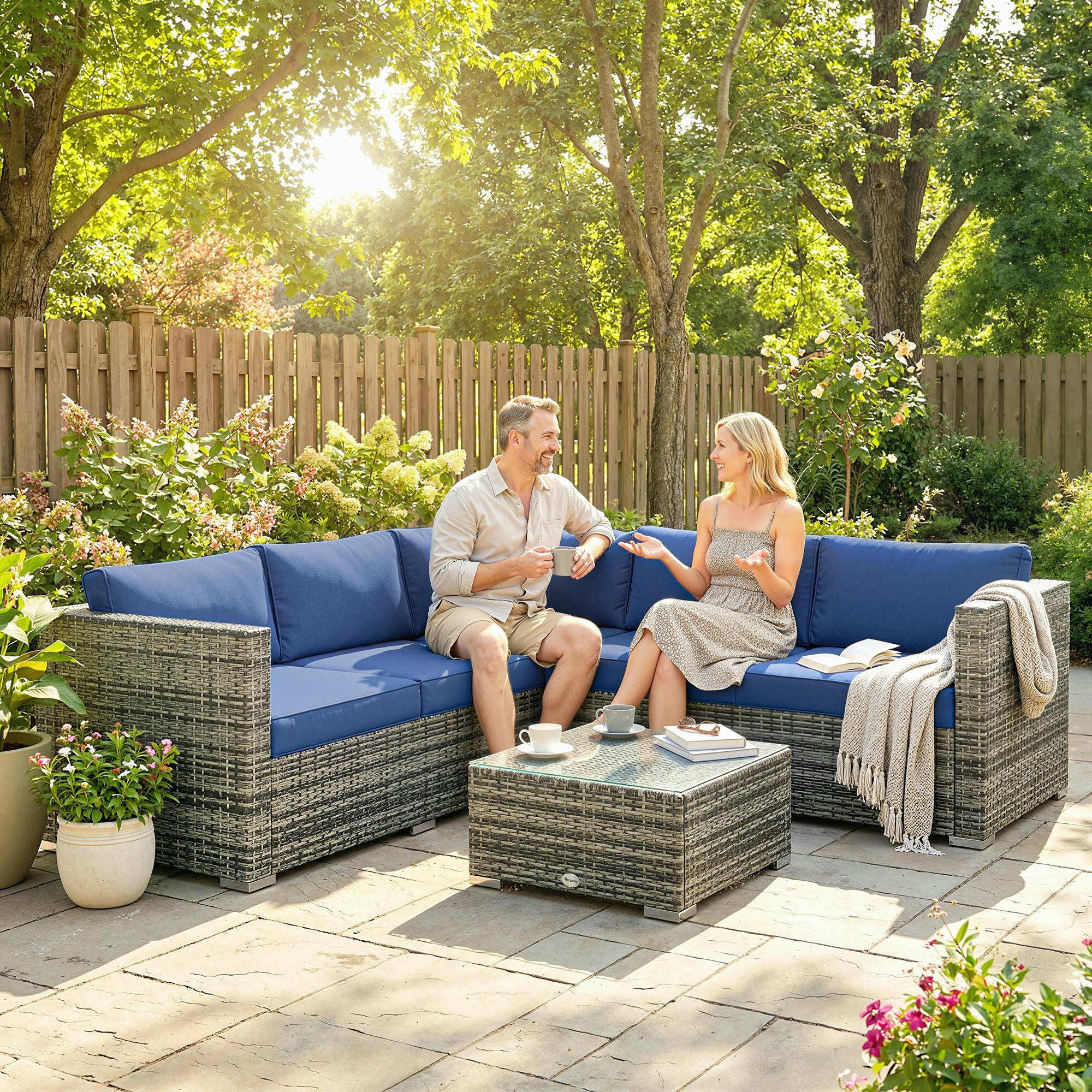 Rackhams Blue 4 Pieces Rattan Garden Furniture Sofa Set With Coffee Table - Rattan Garden Furniture Set - 4 - Steel, Pe Rattan, Polyester, Tempered Glass