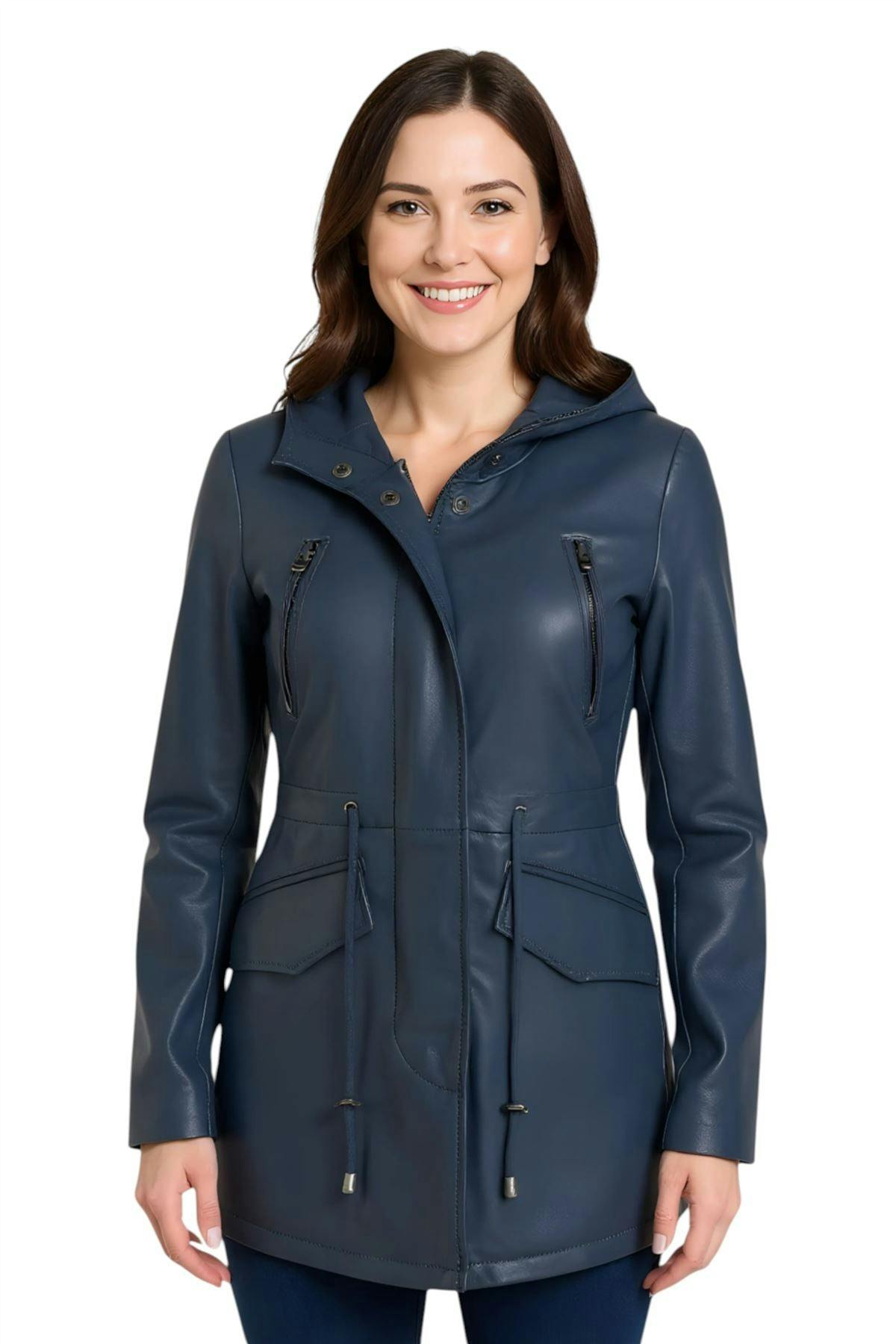 Infinity Leather Women's Leather Hooded Parka Jacket-Bucharest - Navy - Uk Xl/16 | Eu 42 | Us 12