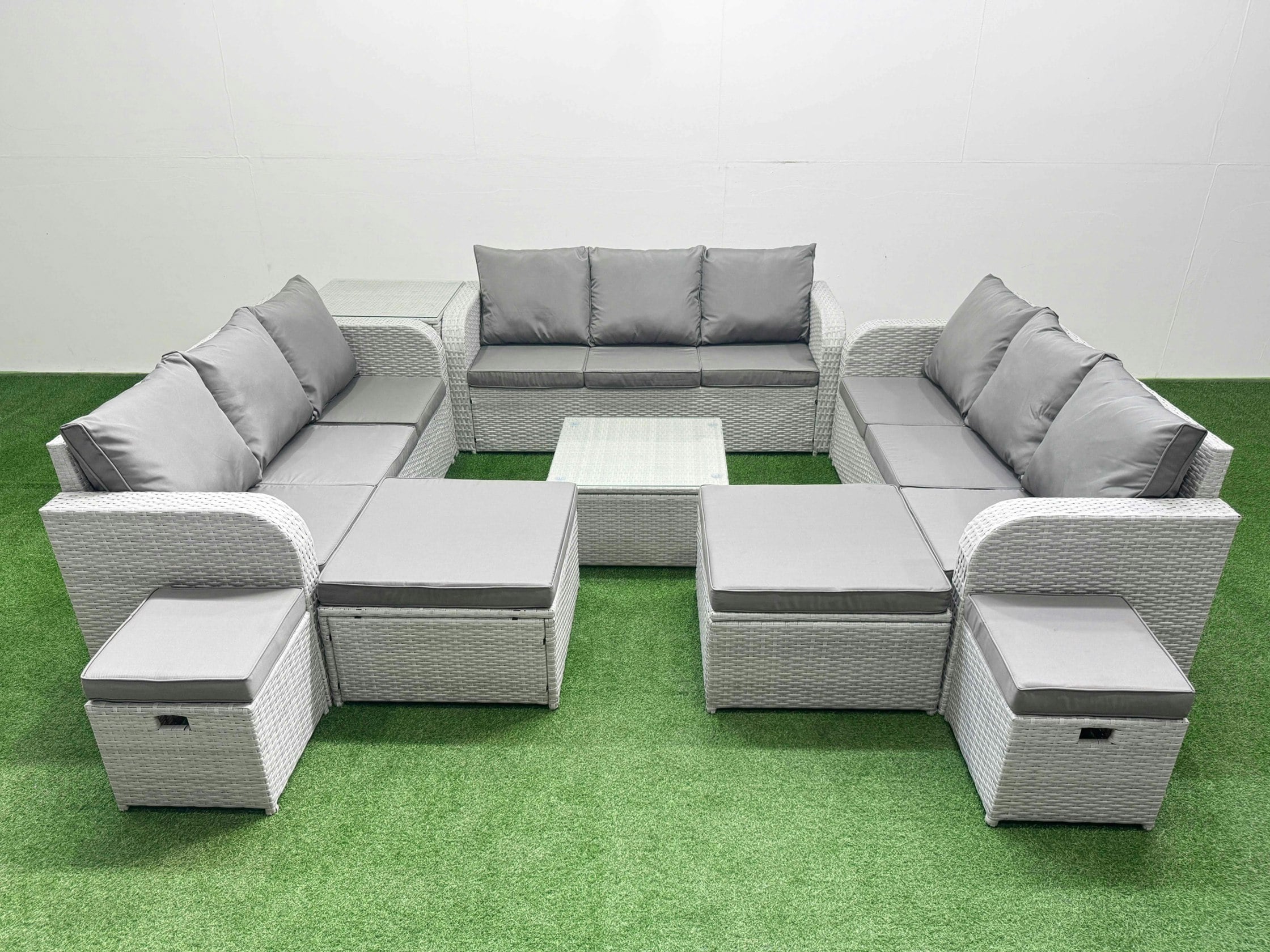 Fimous Light/Grey 13 Seater Outdoor Garden Furniture Set Pe Rattan Lounge Sofa Set With Coffee Table 3 Seater Sofa 4 Footstools Side Table