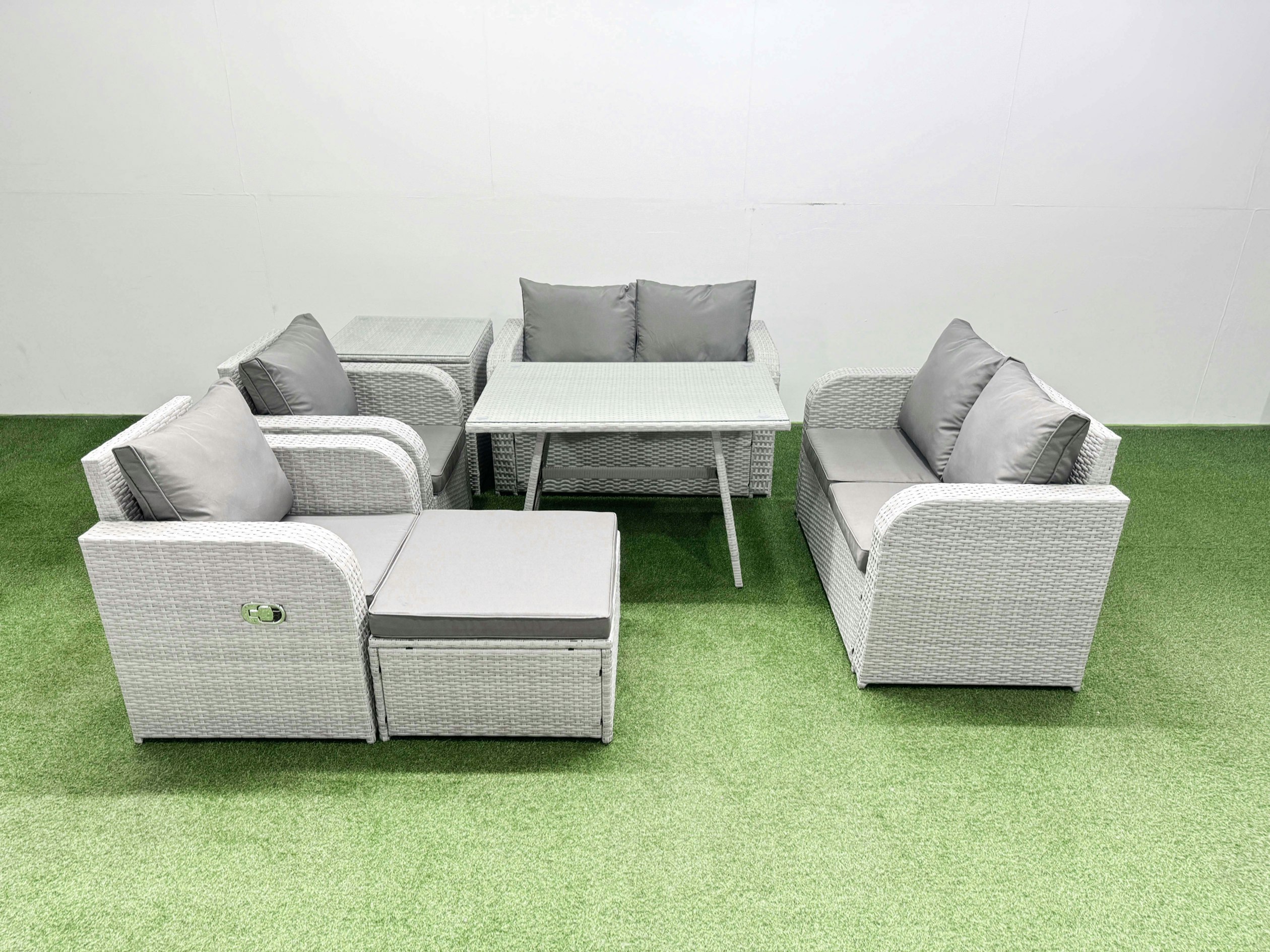 Rackhams Light/Grey 7 Seater Rattan Garden Furniture Set Outdoor Love Sofa Set With Rectangular Dining Table Side Table Big Footstool