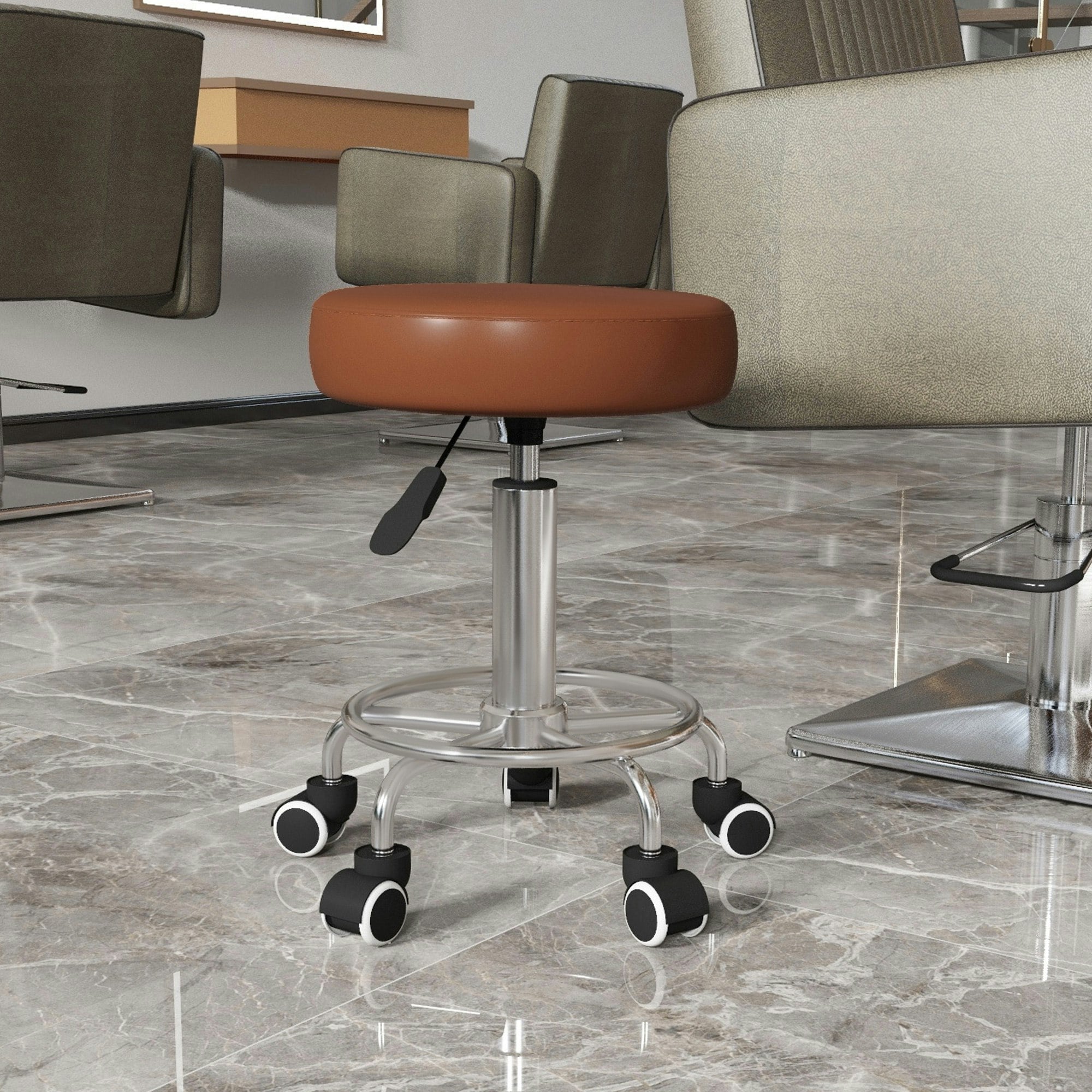 Rackhams Brown Round Pu Leather Salon Beautician Stool Adjustable Height - Faux Leather