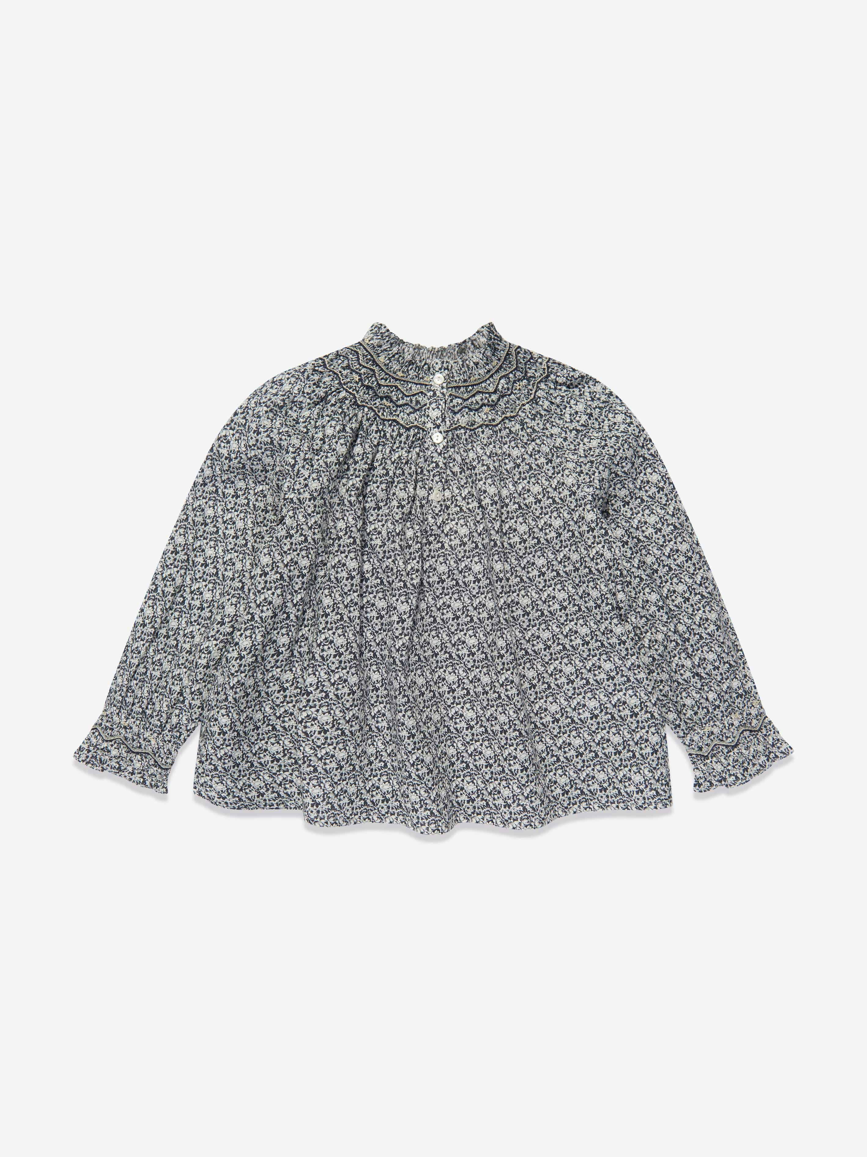 Bonpoint Girls Blue Petal Smocked Blouse In - 4 Yrs
