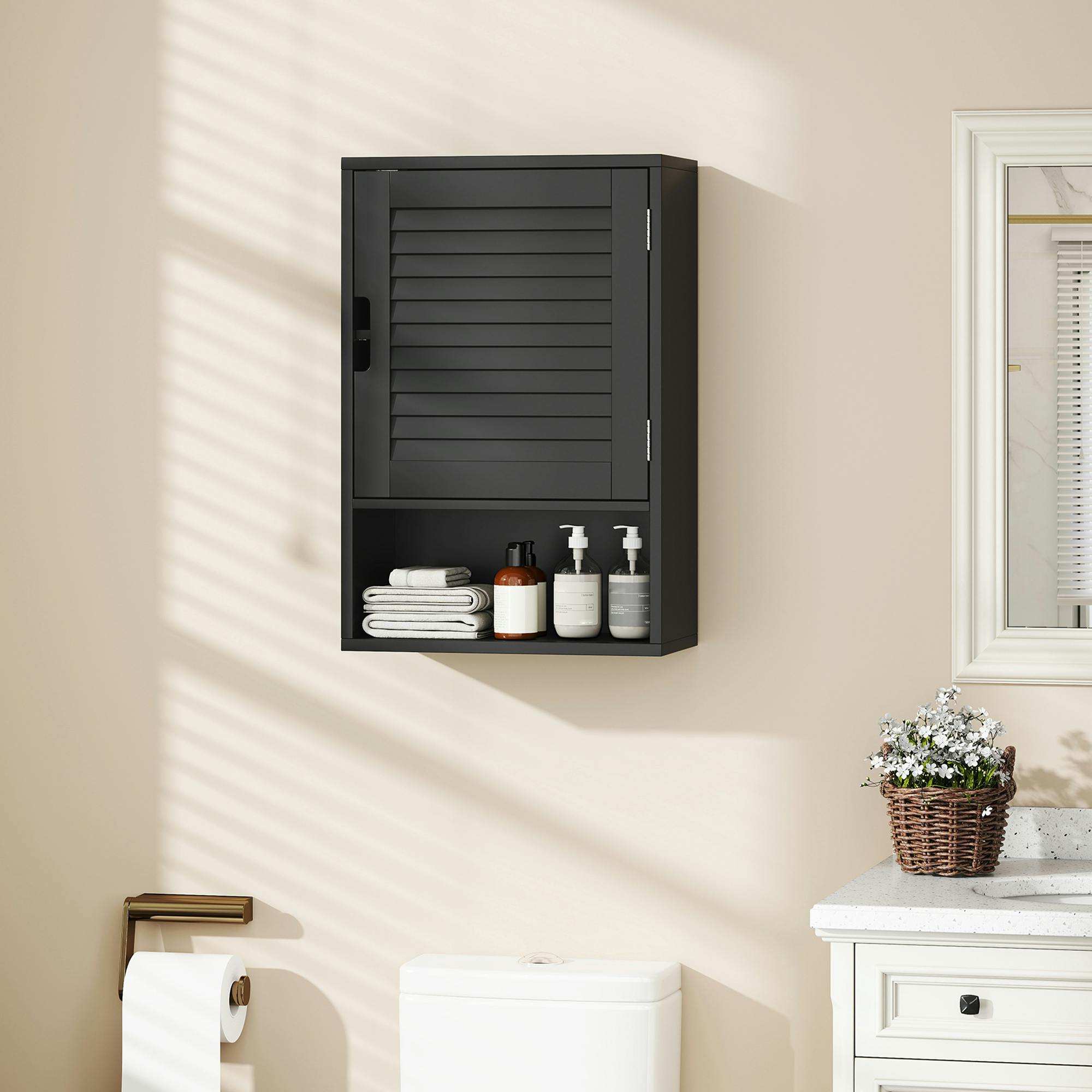 Rackhams Black Bathroom Cabinet, Wall Mounted Cabinet With Adjustable Shelves - 1 - Mdf