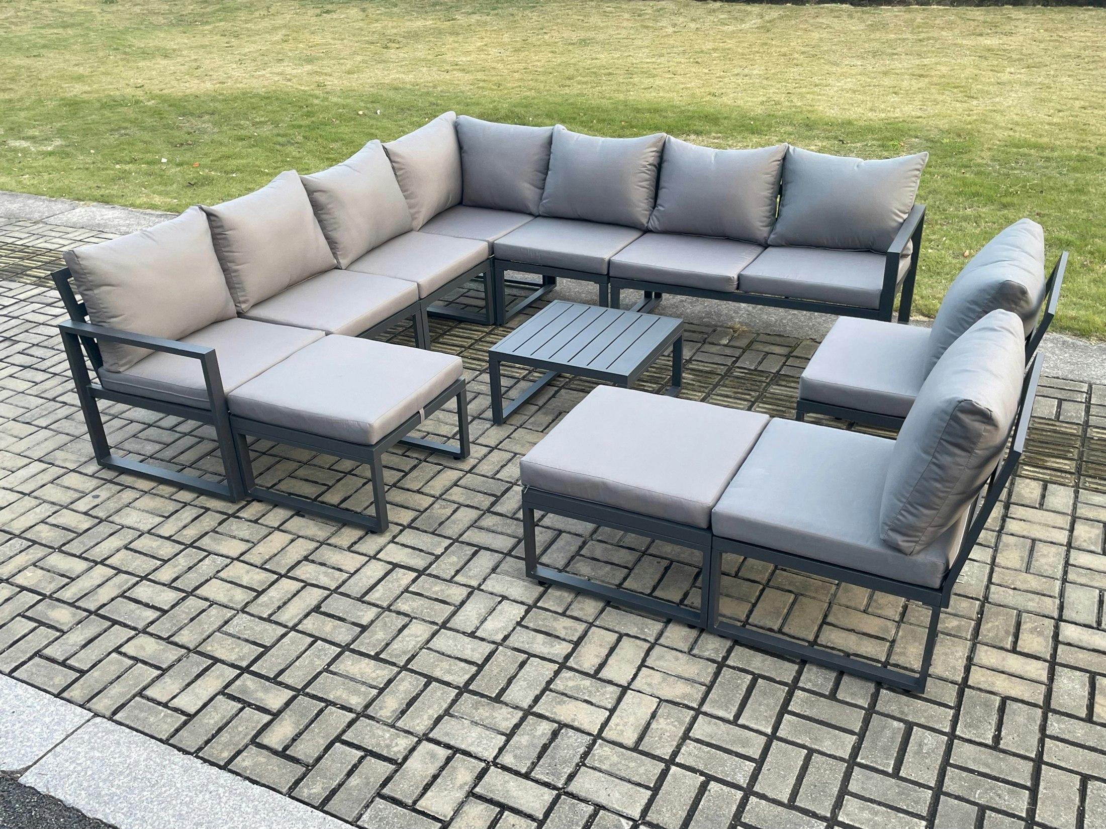 Fimous Dark/Grey 11 Seater Patio Outdoor Garden Furniture Aluminium Lounge Corner Sofa Set With Square Coffee Table With 2 Big Footstools