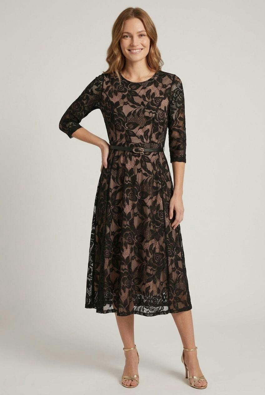 Izabel London Black Floral Mesh Layered Midi Skater Dress - 10