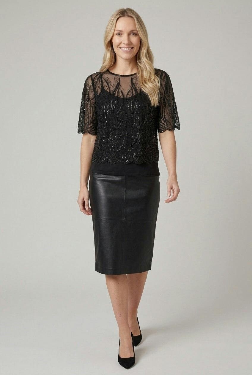 Izabel London Black Sequin Embellished Semi Sheer Top - 8