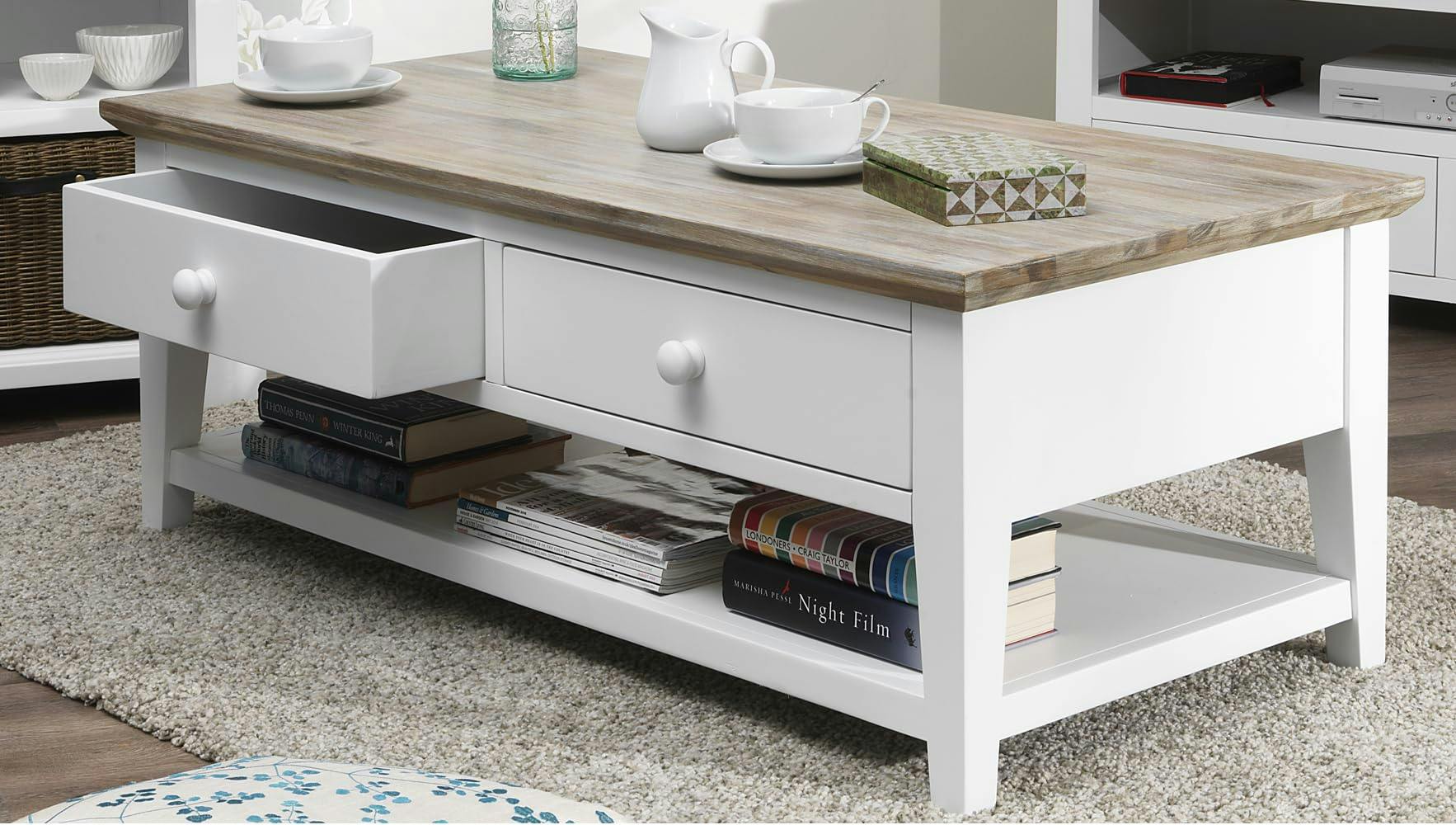Rackhams White Florence Wooden Coffee Table With Drawers And Shelf