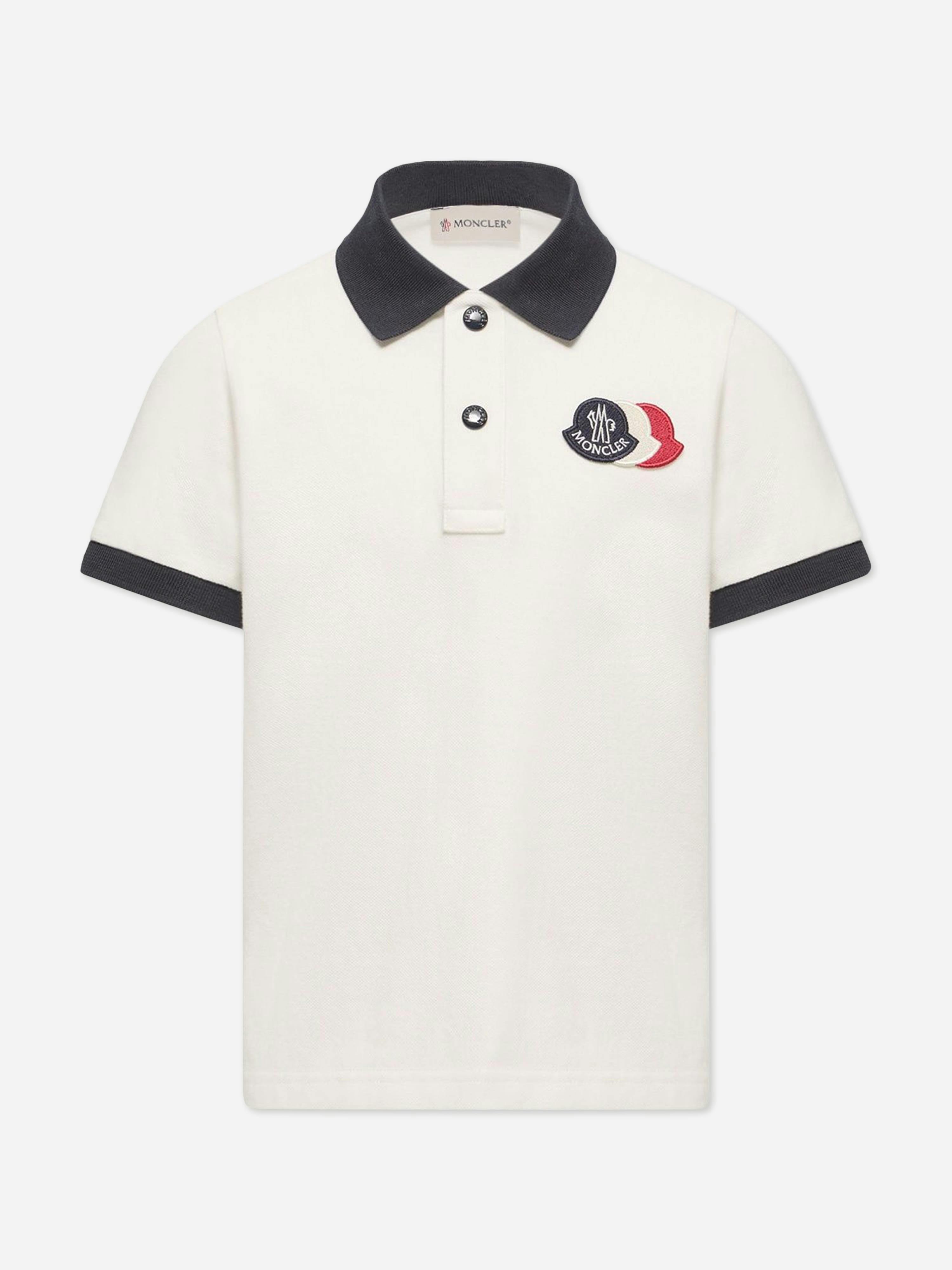 Moncler Enfant Boys White Logo Piqué Polo Shirt In - 8 Yrs