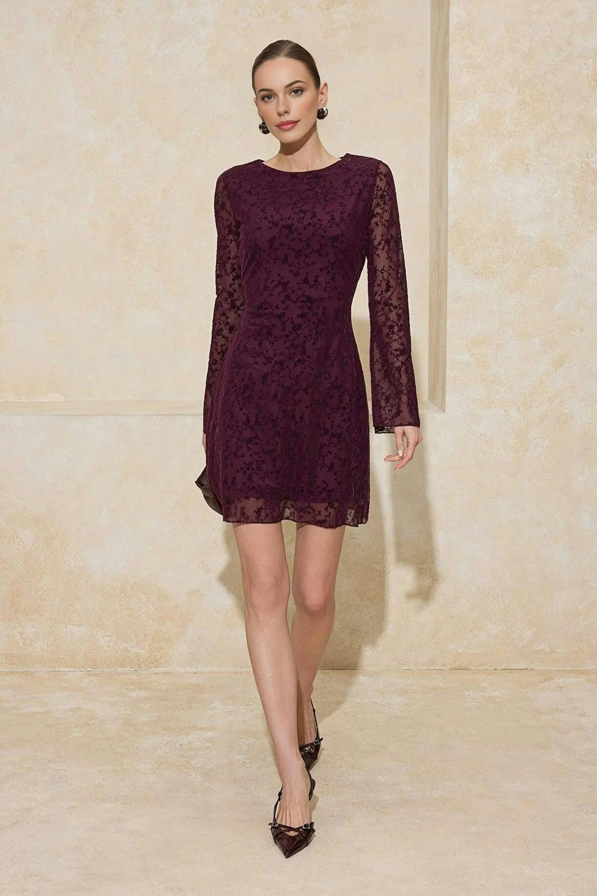 Wovcor Flock Print Body-Fitting Mini Knitted Dress - Plum - L