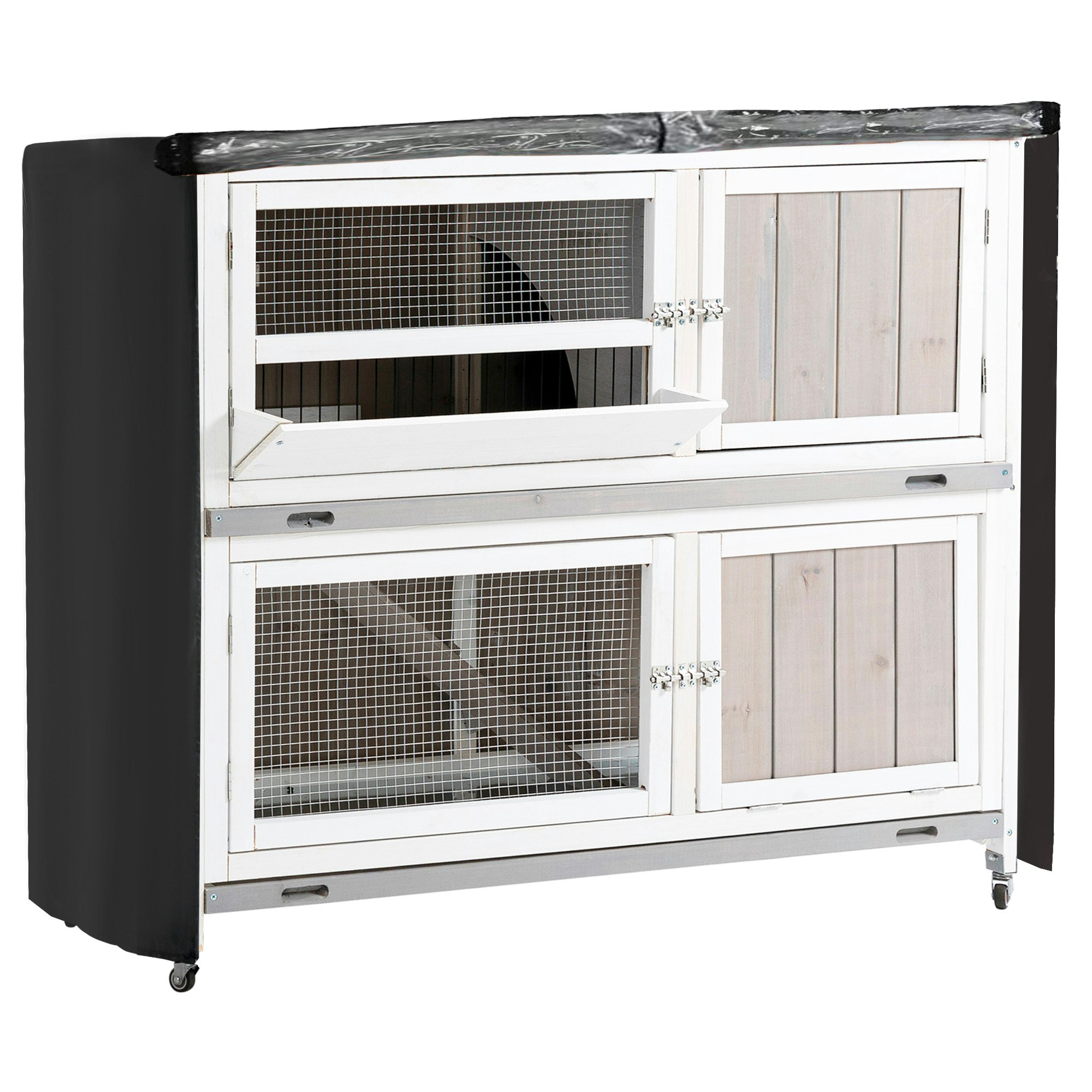 Pawhut Grey Two-Tier Wooden Rabbit Hutch W/ Wheels, Trough, Rain Cover, Tray - Fir Wood, Steel - Size 1