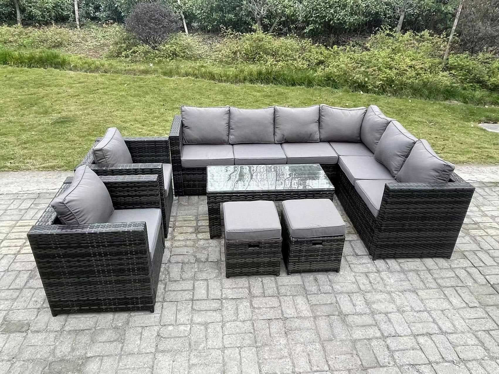 Rackhams Dark/Grey 10 Seater Rattan Corner Sofa Lounge Sofa Set With Rectangular Coffee Table 2 Stool Mixed Right Hand
