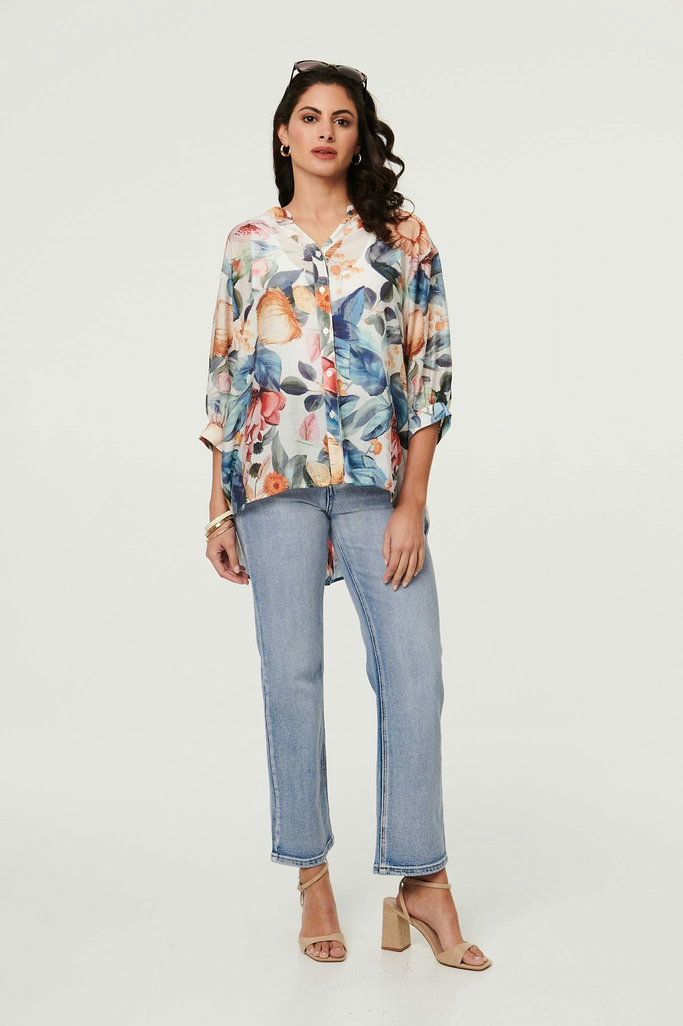 Izabel London Blue Abstract Floral Curve Hem Blouse - 10