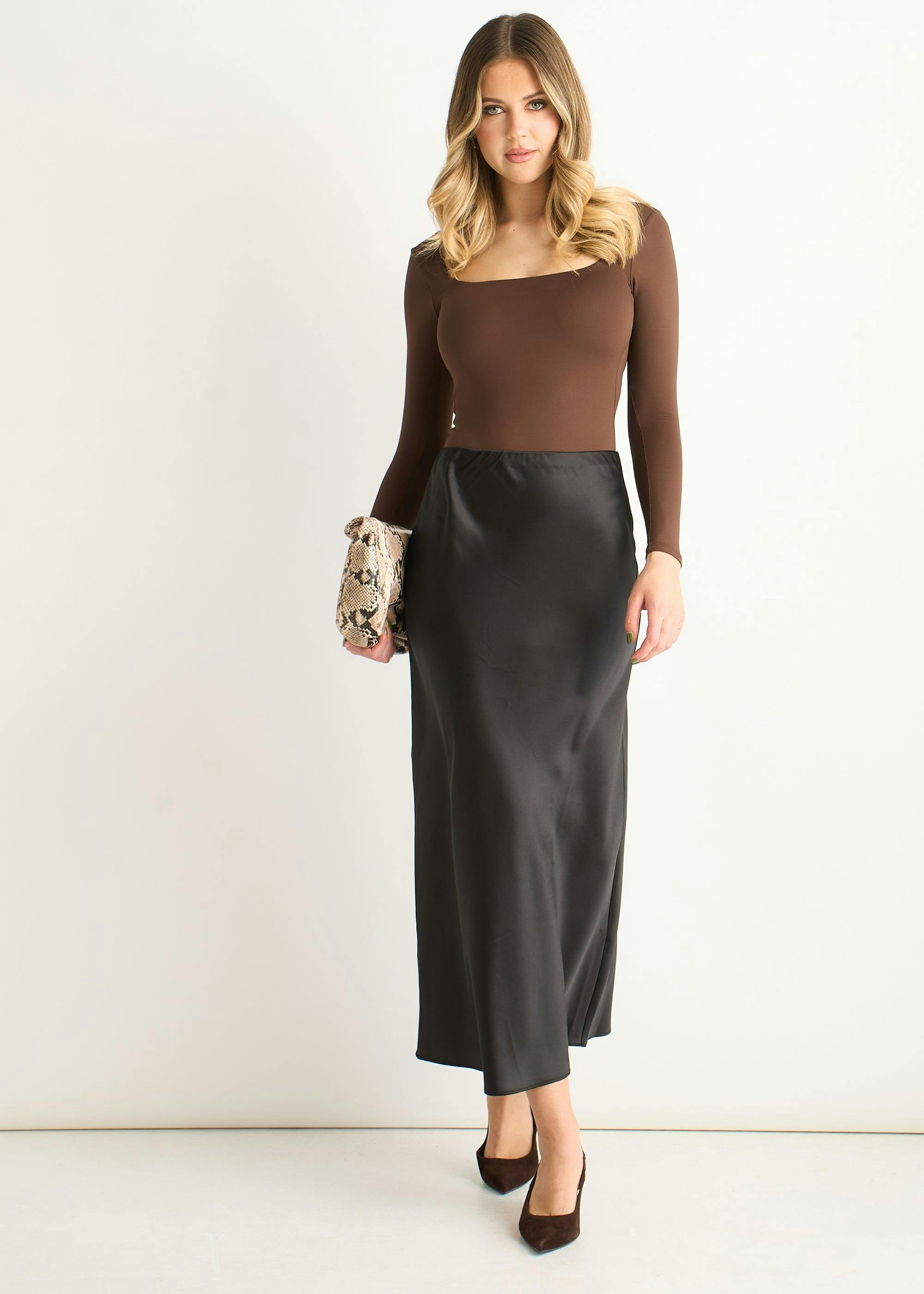 Gini London Black Satin Bias Cut Midi Skirt - Uk 12 / Us 8 / Eu 40