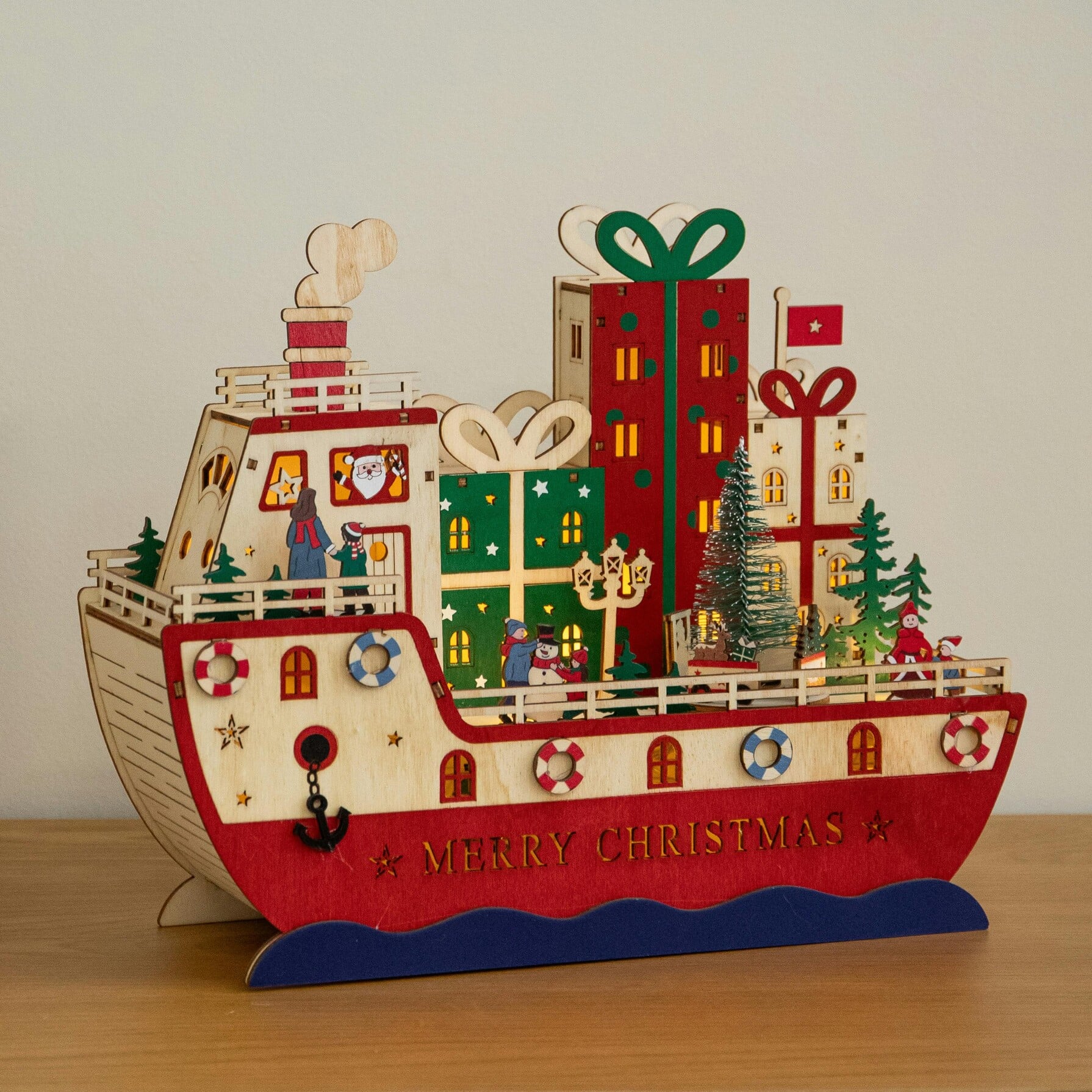 Rackhams Light 30Cm Up S.s. Noel Wooden Christmas Boat Decoration With Leds