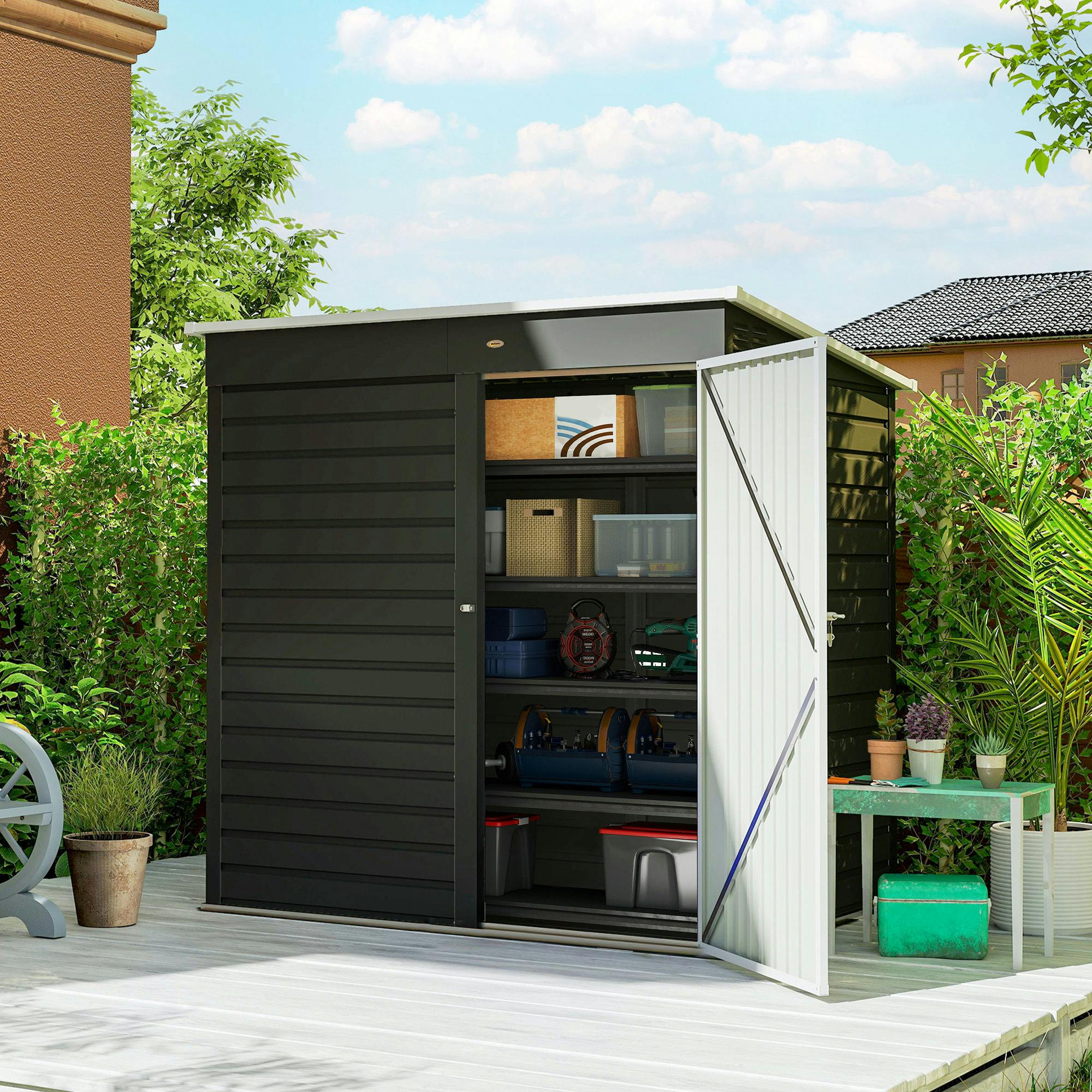 Rackhams Dark/Grey 6 X 4Ft Metal Garden Shed With Lockable Door And Gloves,