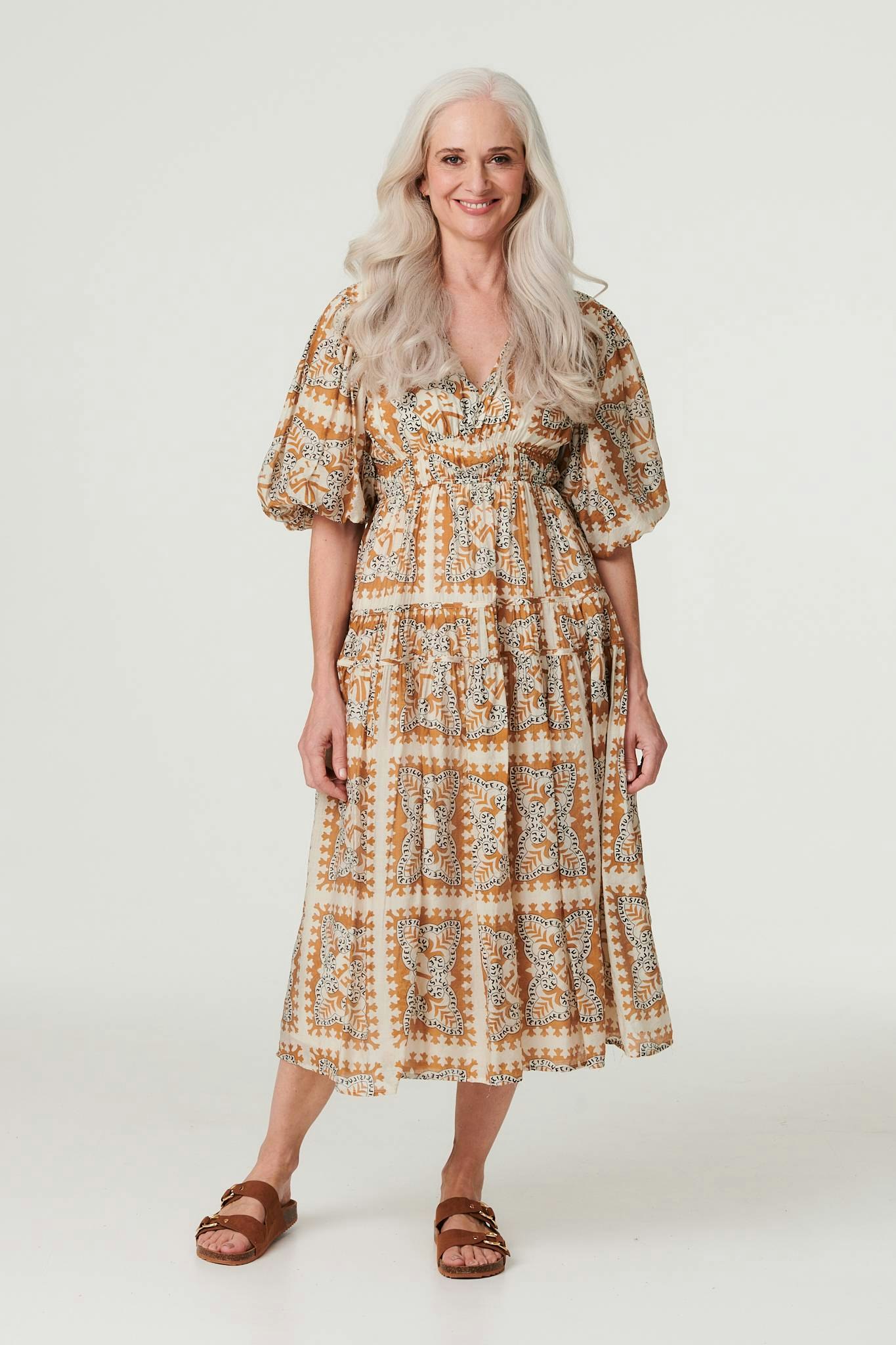 Izabel London Printed Puff 1/2 Sleeve Midi Dress - Rust - 14