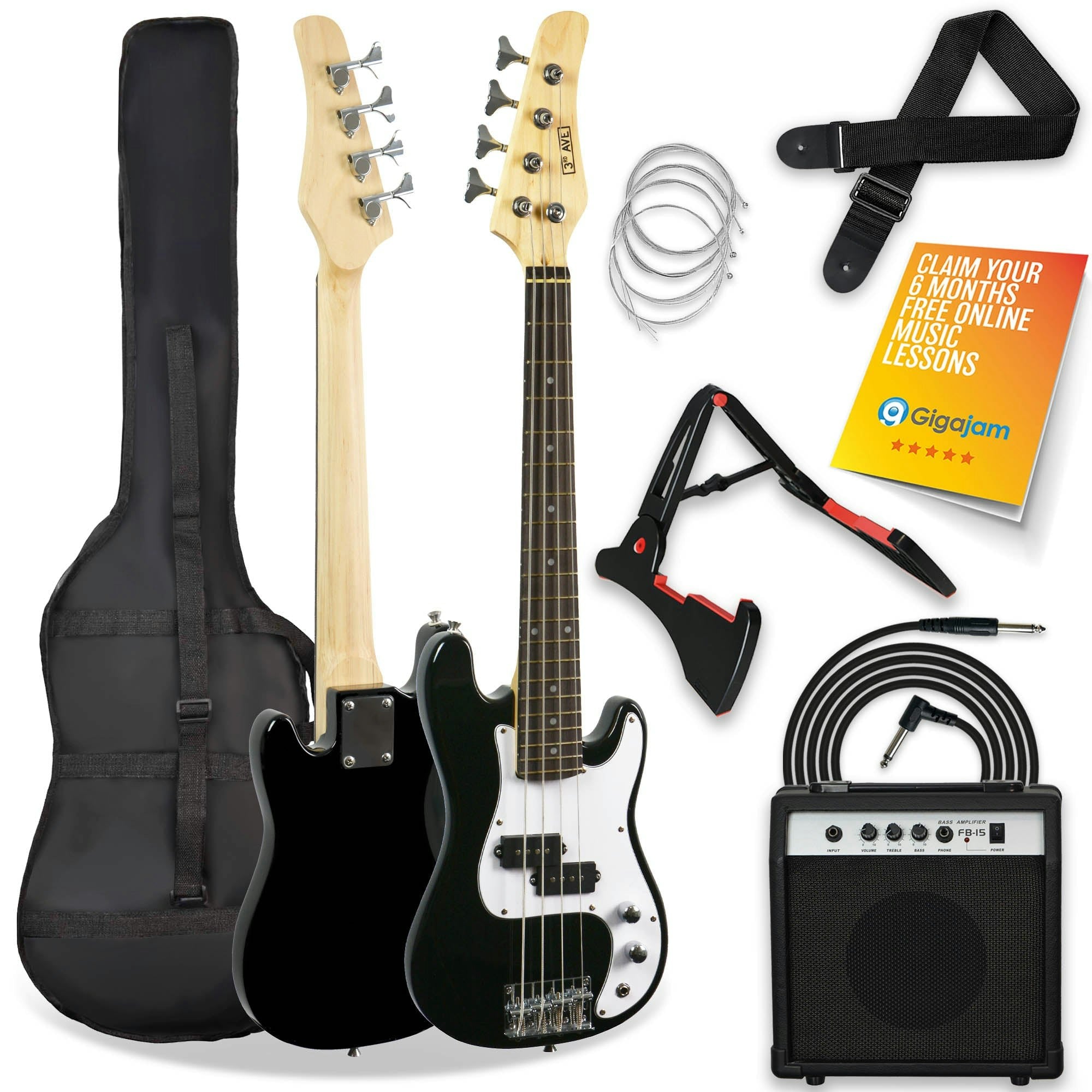 3rd Avenue Three Quarter Size Electric Bass Guitar Set - Black - P-Style Body - 15W Amp Included - Image 6