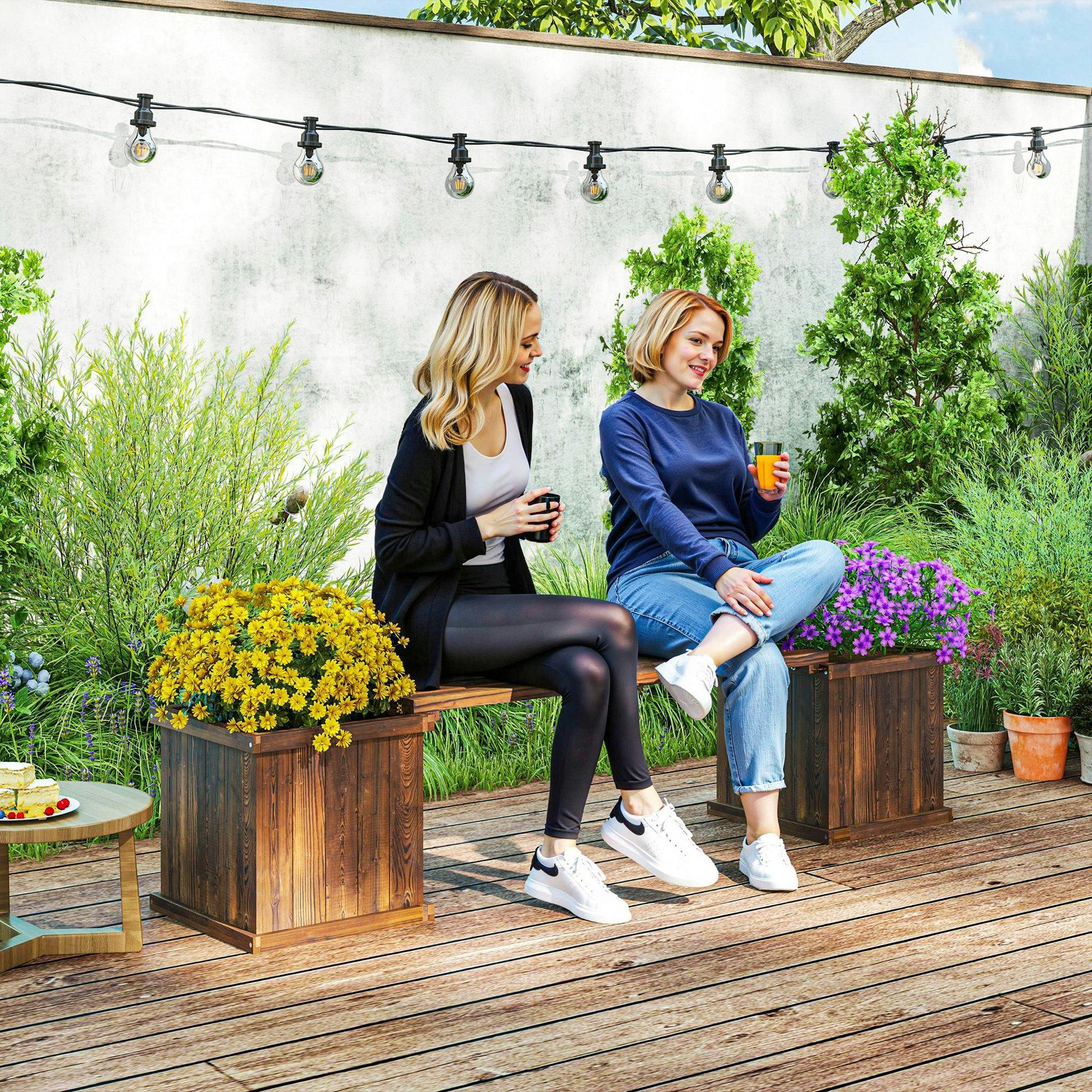 Outsunny Wooden Garden Planter & Bench Combination Garden Raised Bed - Flower Bed - 40 - 1