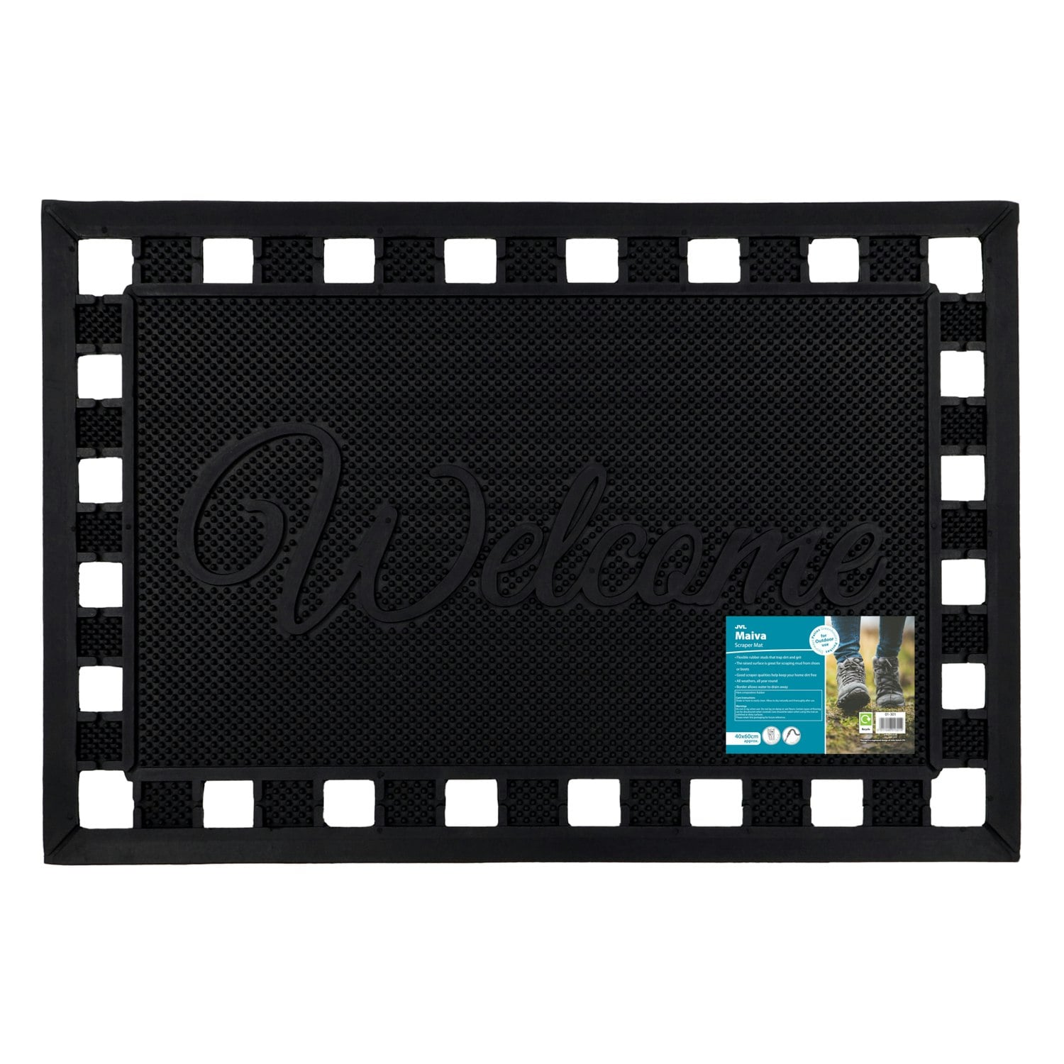 Rackhams Black Maiva Welcome Scraper Rubber Studs Doormat 40X60cm,
