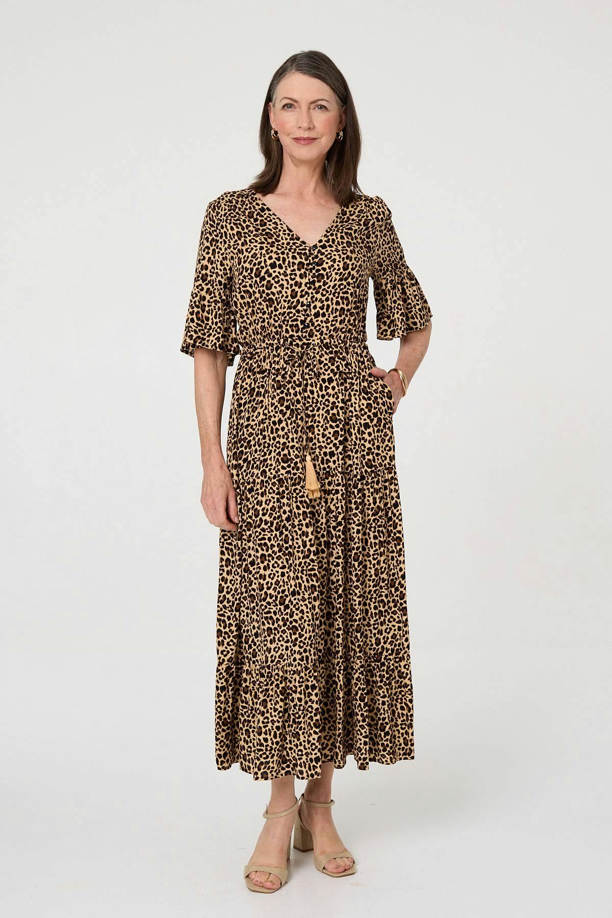 Izabel London Beige Animal Print 3/4 Flare Sleeve Maxi Dress - 16