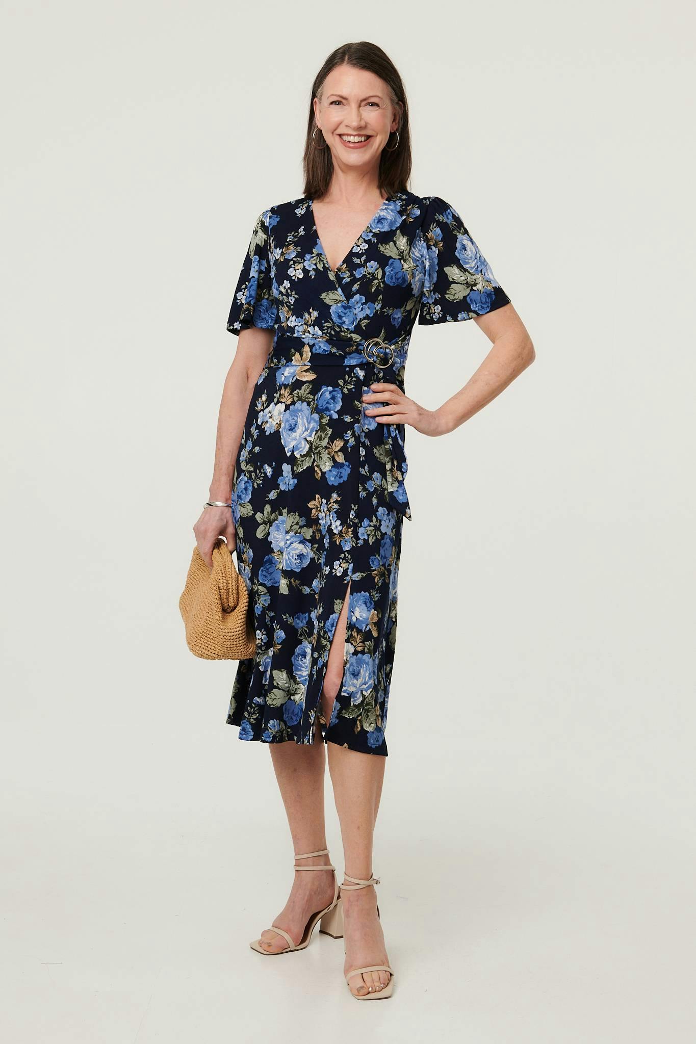 Izabel London Floral Angel Sleeve Wrap Midi Dress - 10 - Navy