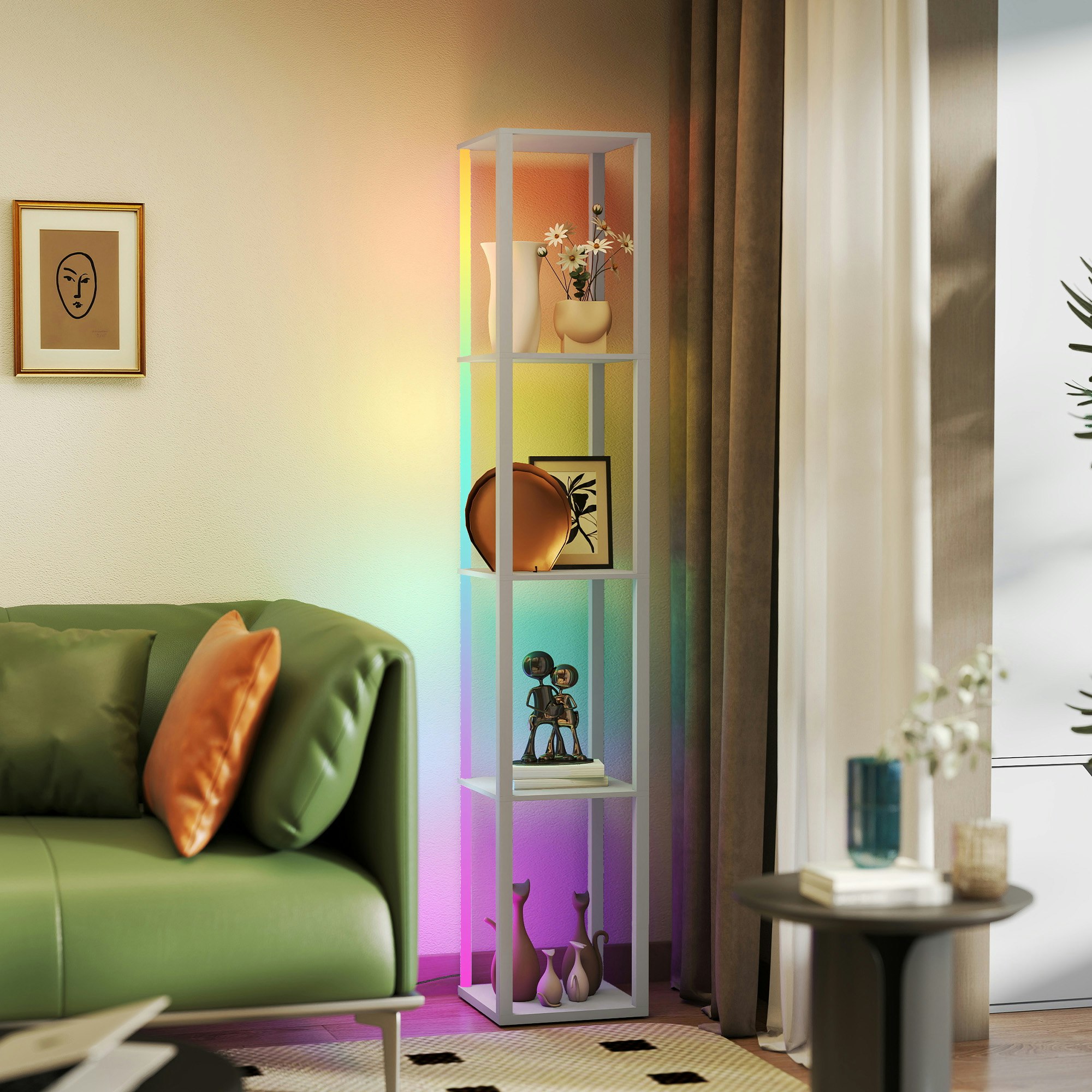 Homcom Grey Rgb Led Floor Lamp With Shelves And Remote Control For Bedroom, Oak