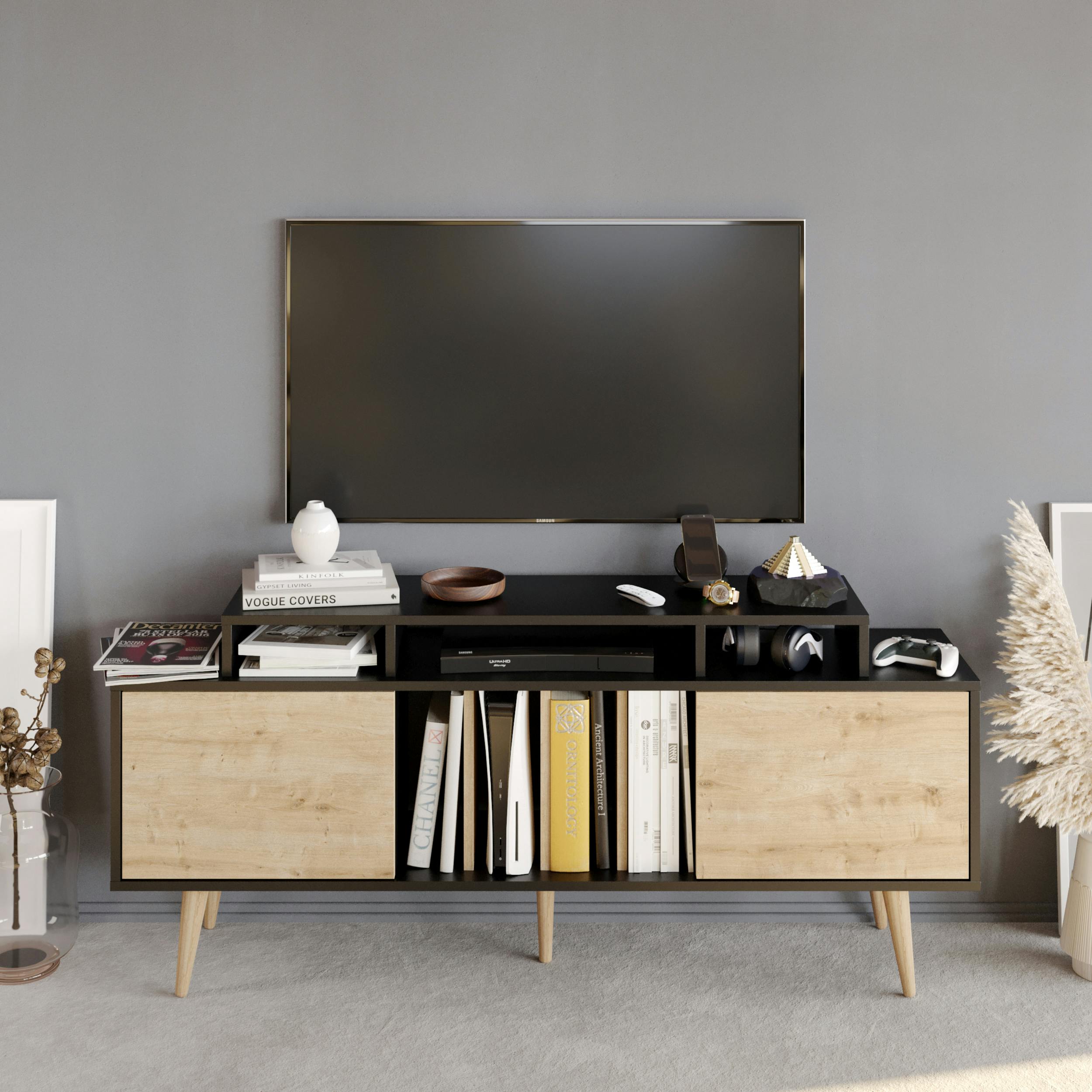 Rackhams Black Char Modern Tv Stand Tv Cabinet For Tv's Up To 72" - Sapphire Oak