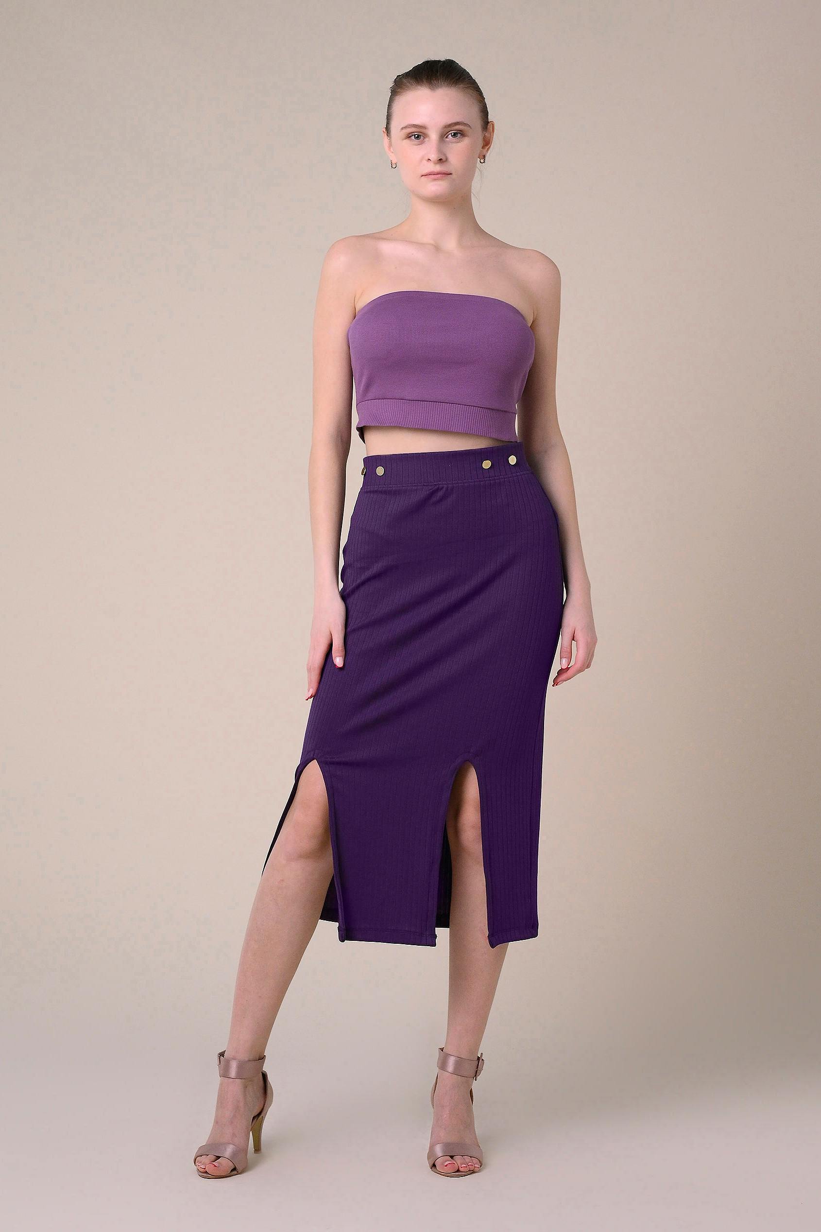 Enorsia Women's Purple Crown Split Front Jersey Skirt In | Size: 10 - Image 2