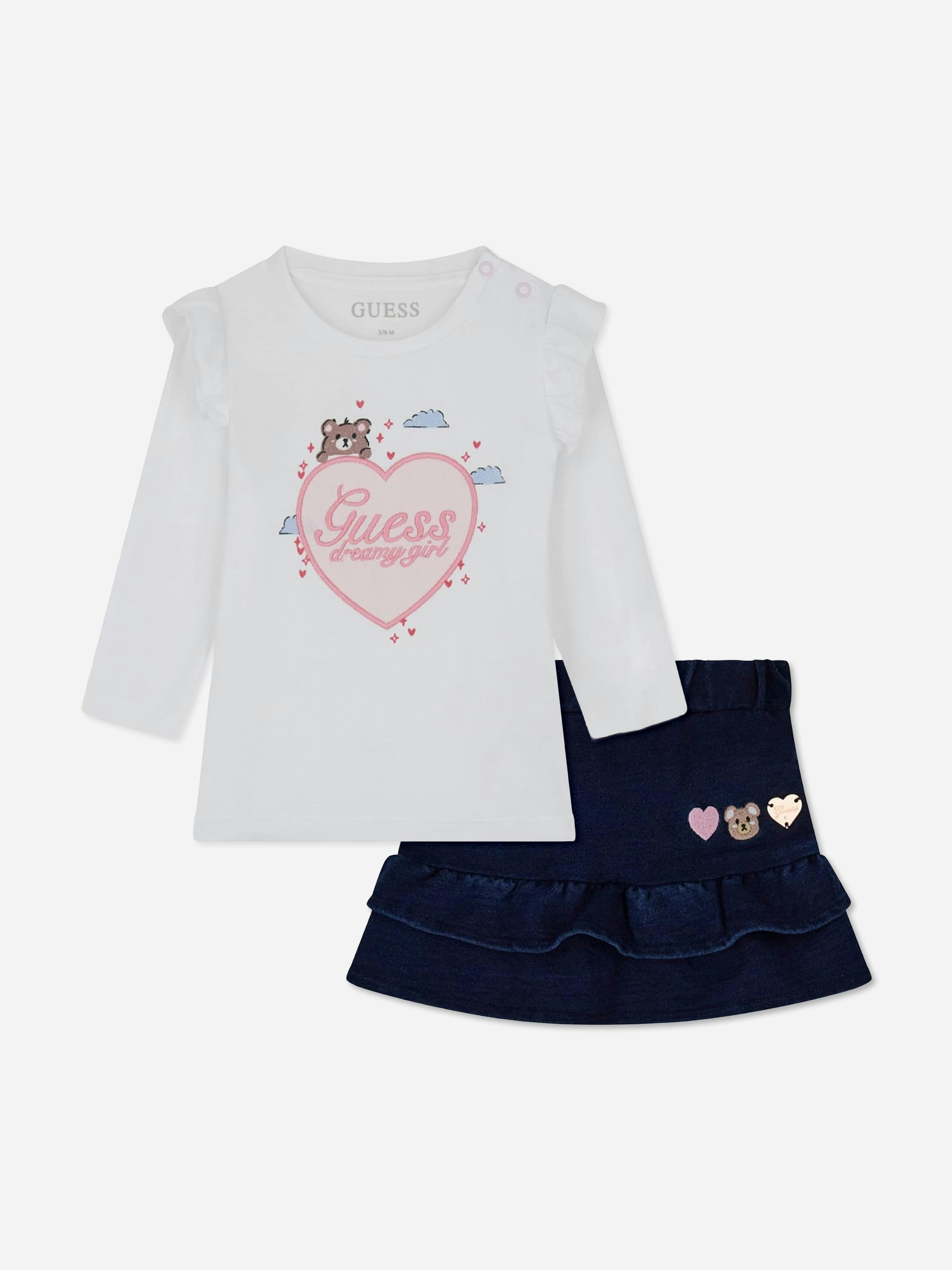 Guess Women's White Baby Girls T-Shirt And Denim Knit Skirt Set In - 6 - 9 Mths