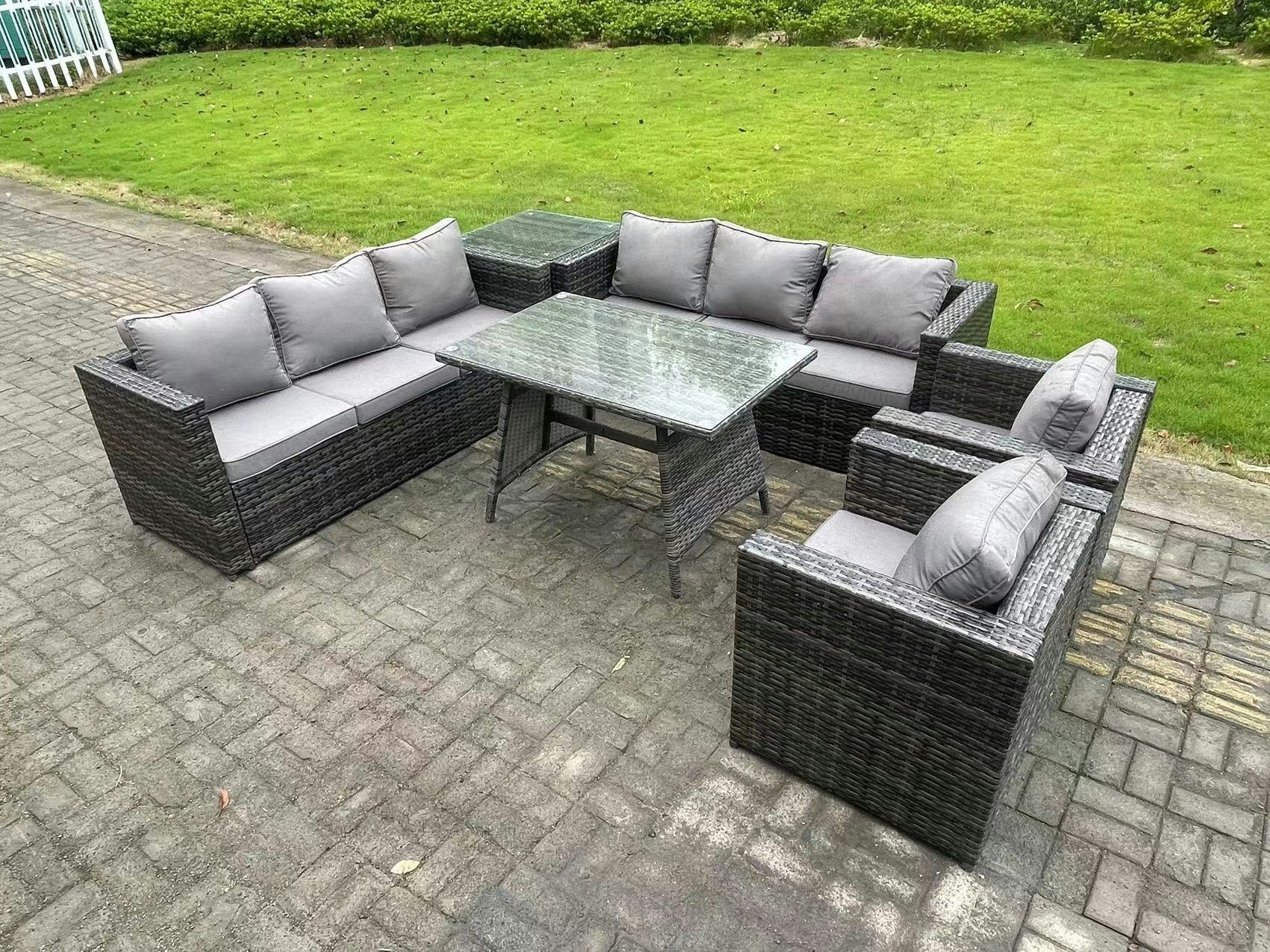 Fimous Dark/Grey Rattan Outdoor Furniture Sofa Garden Dining Set With Patio Dining Table 2 Armchairs Side Table 8 Seater Mixed
