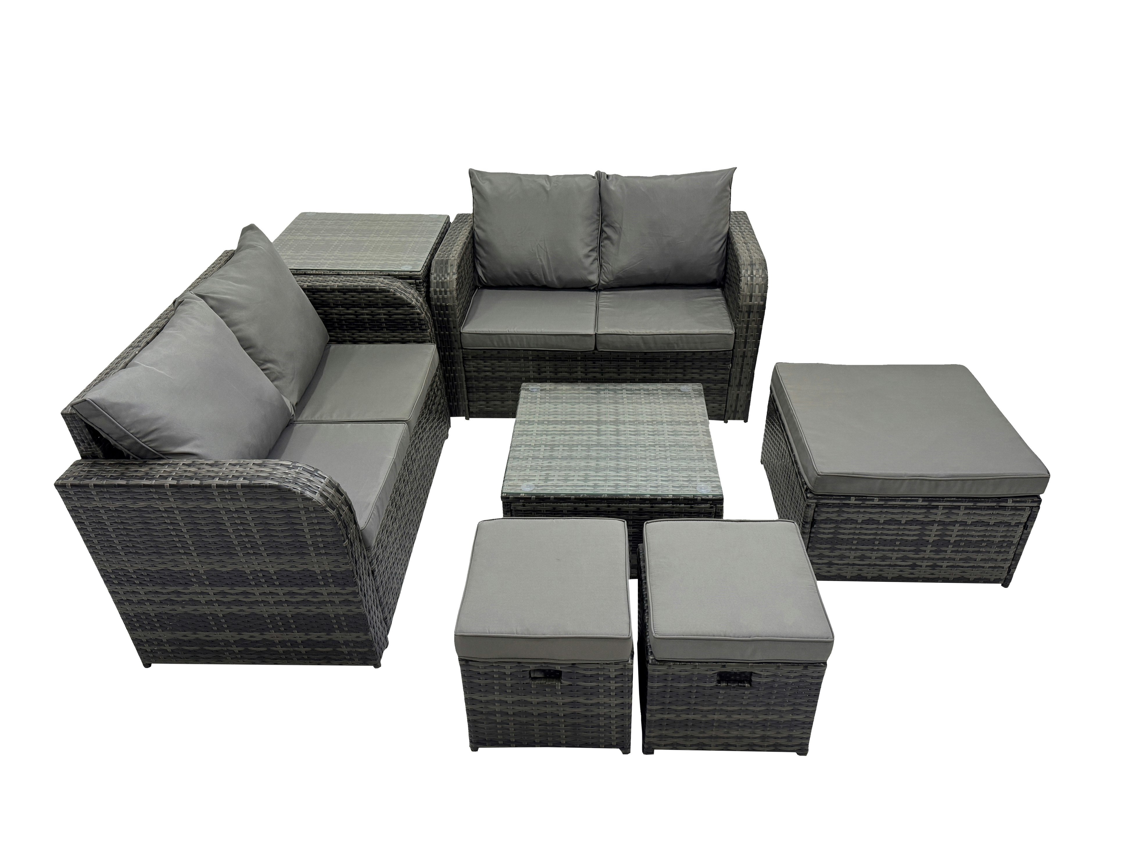 Fimous Dark/Grey Rattan Garden Outdoor Furniture Set Love Sofa Square Coffee Table Set With Side Table 3 Stools Mixed