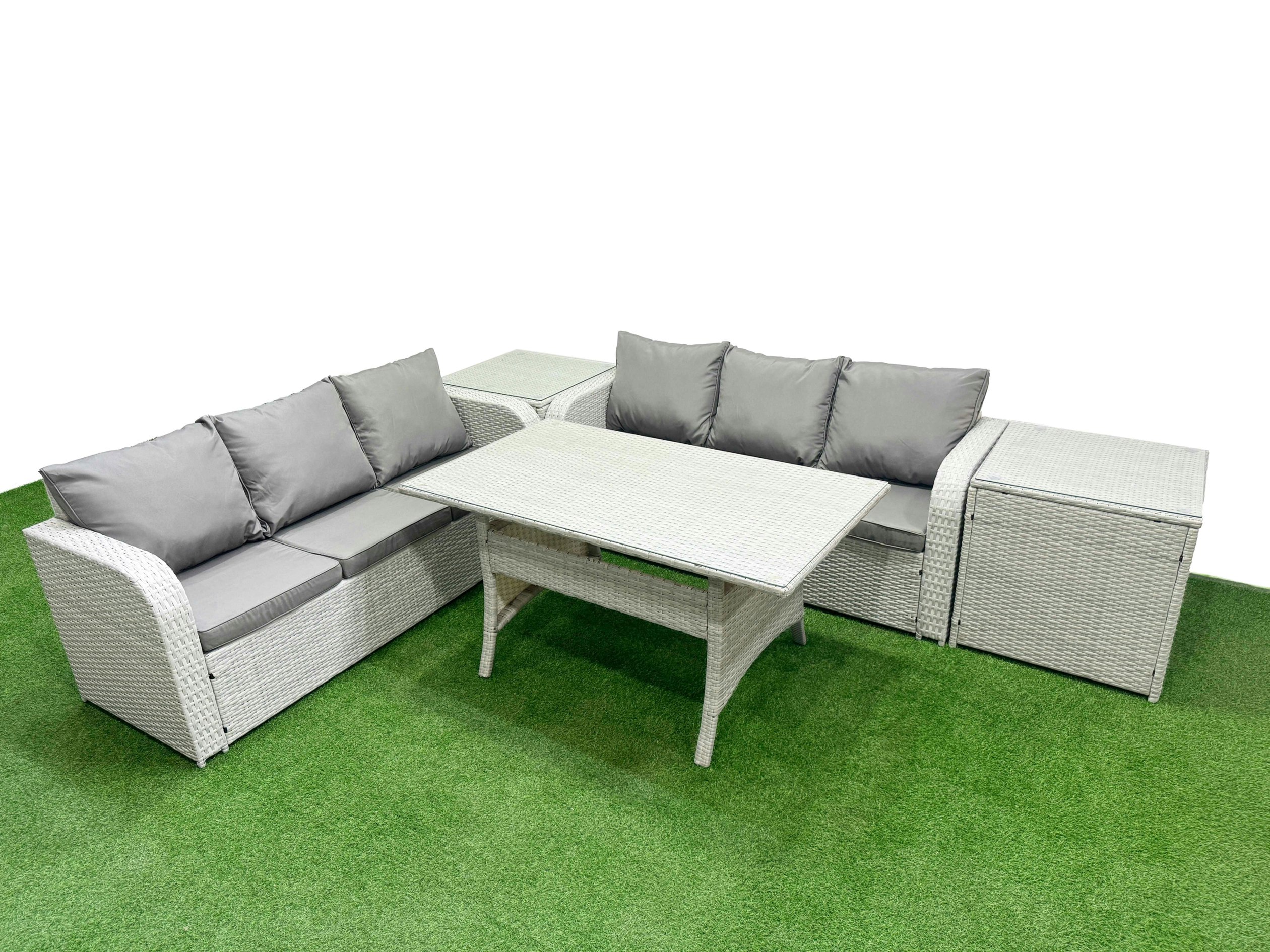 Rackhams Light/Grey 6-Seater Rattan Outdoor Dining Set | Rectangular Table, High Back Lounge Sofa, 2 Side Tables