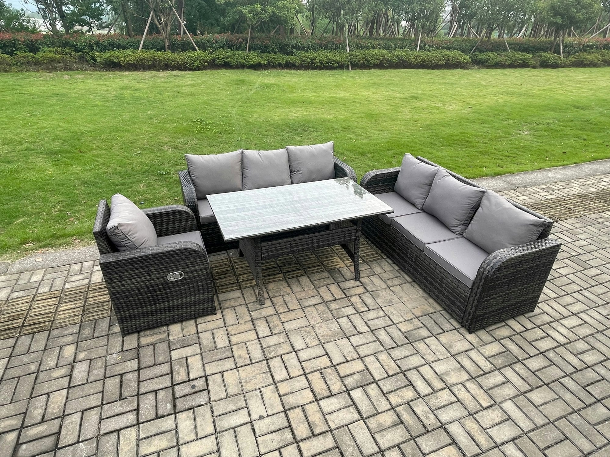 Rackhams Dark/Grey 7 Seater Lounge Rattan Sofa Set Outdoor Garden Furniture Oblong Rectangular Dining Table With Adjustable Chair Mixed