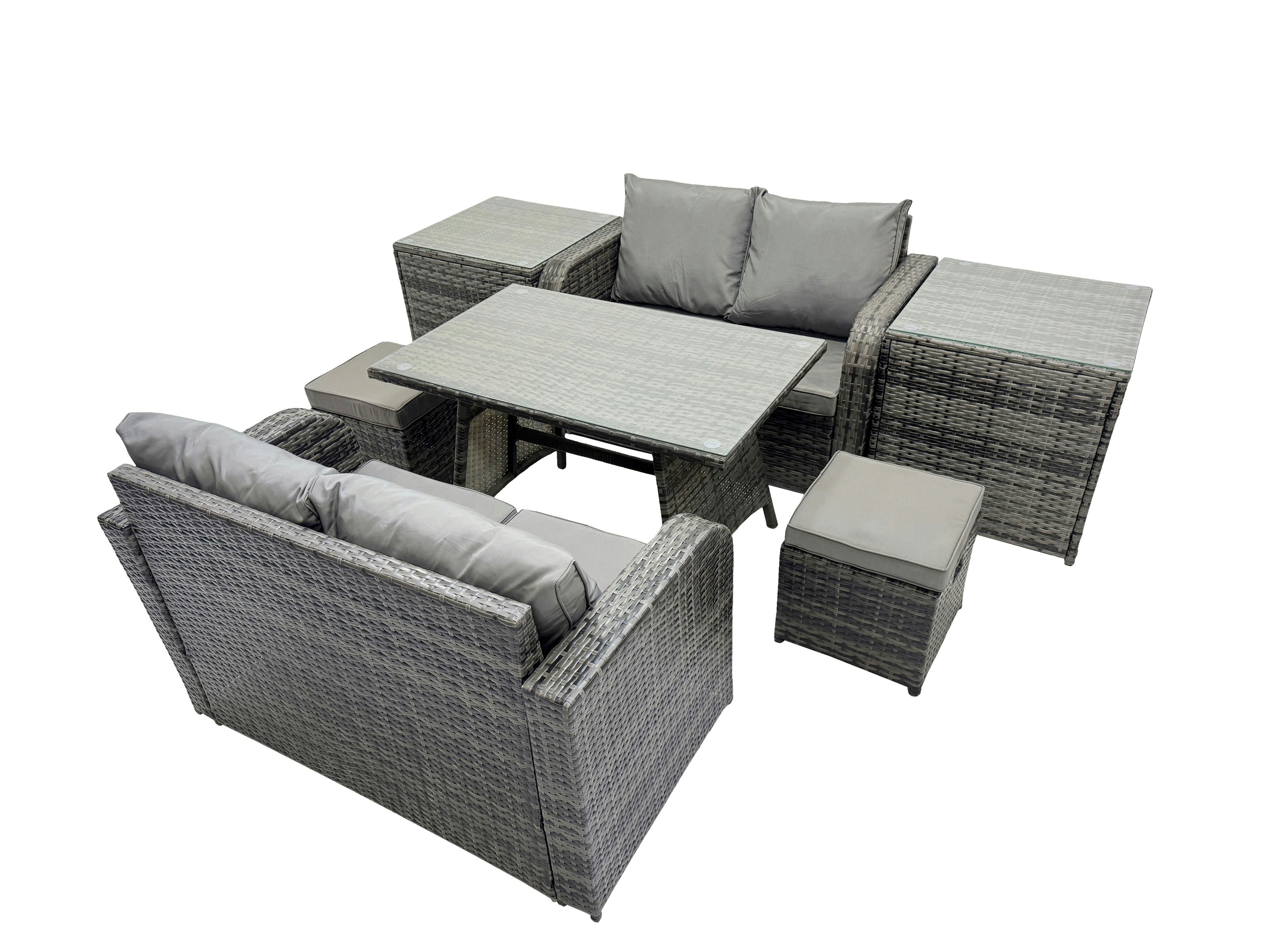 Fimous Dark/Grey 6 Seater Garden Outdoor Rattan Furniture Set Rattan Sofa Oblong Dining Table With 2 Small Footstools 2 Side Table