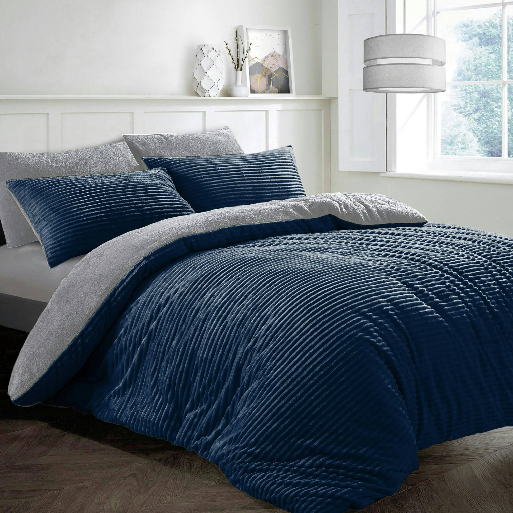Velosso Plush Corduroy Teddy Fluffy And Warm Fleece Duvet Cover Set - Navy - King
