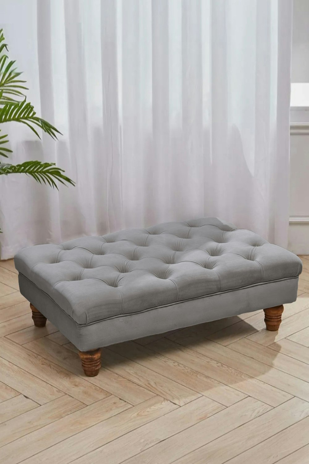 Rackhams Grey Buttoned Velvet Rectangular Ottoman Footstool With Gourd-Shaped Legs