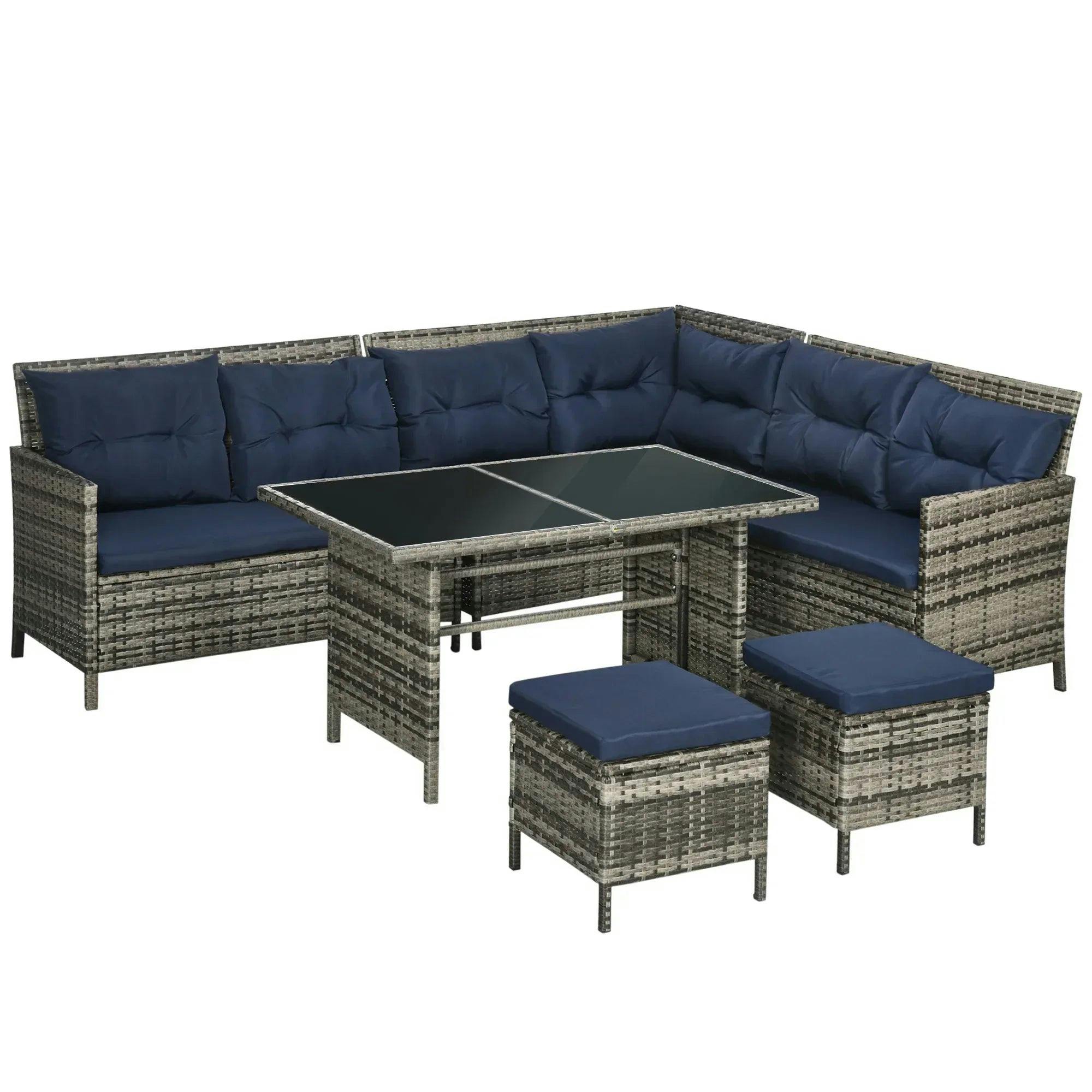 Rackhams Dark/Blue 8 Seater Wicker Corner Sofa Patio Dining Set Rattan Garden Furniture - Image 5