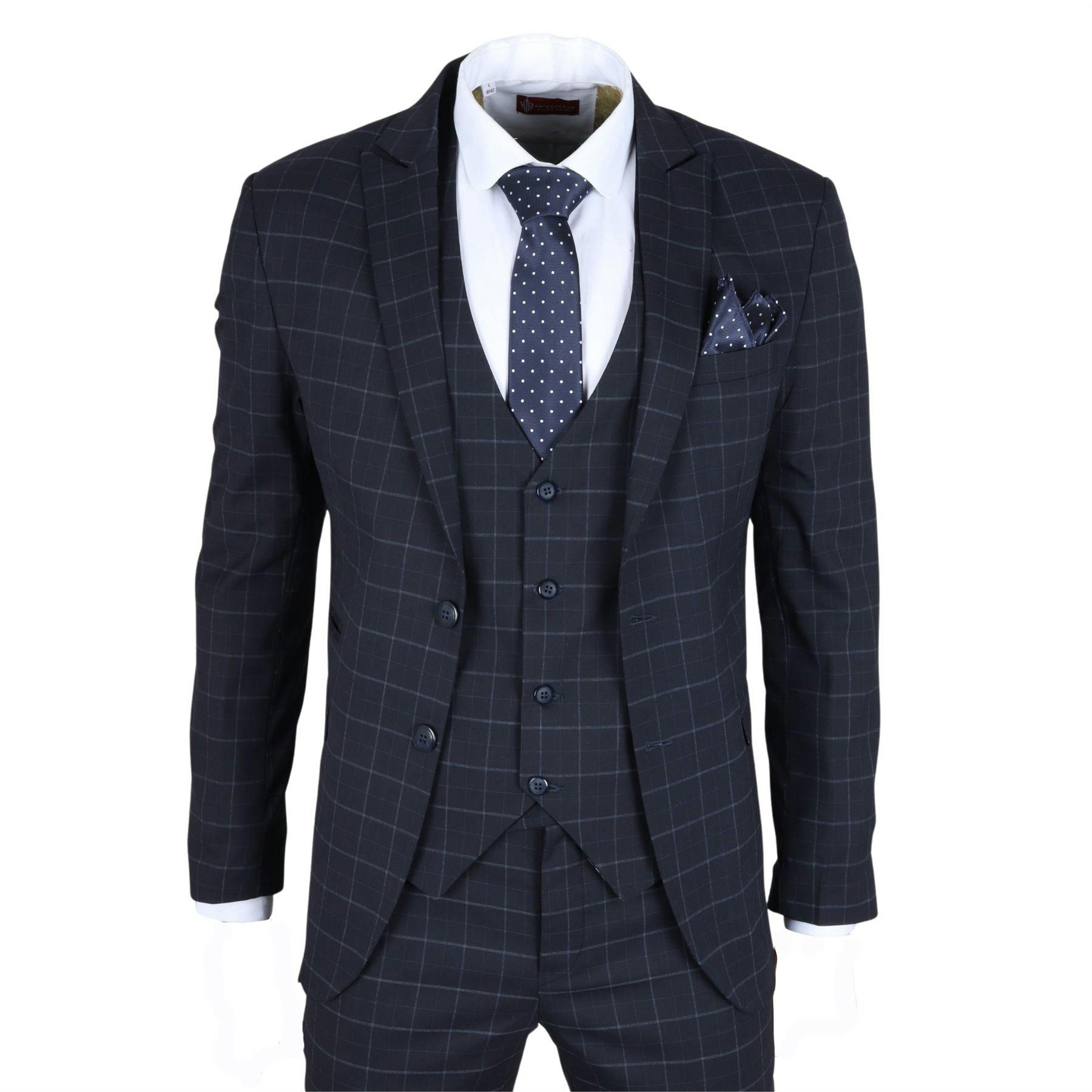 Infinity Leather Men's Navy Checked 3 Piece Suit Tailored Fit - Navy - 52" Jacket 46" Trousers