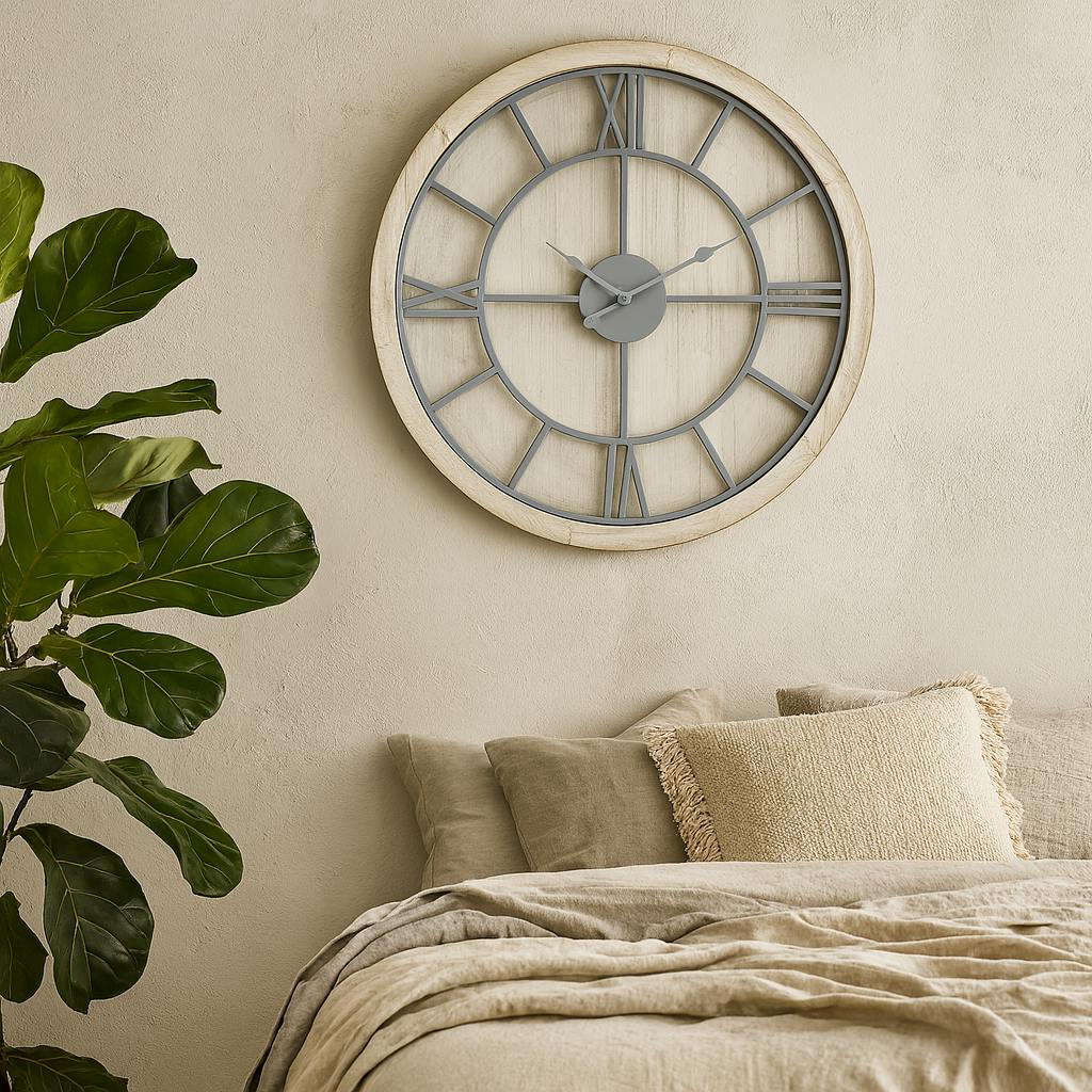 B&Q -  White Washed Round Rustic Grey Skeleton Wall Clock 600mm - Image 3