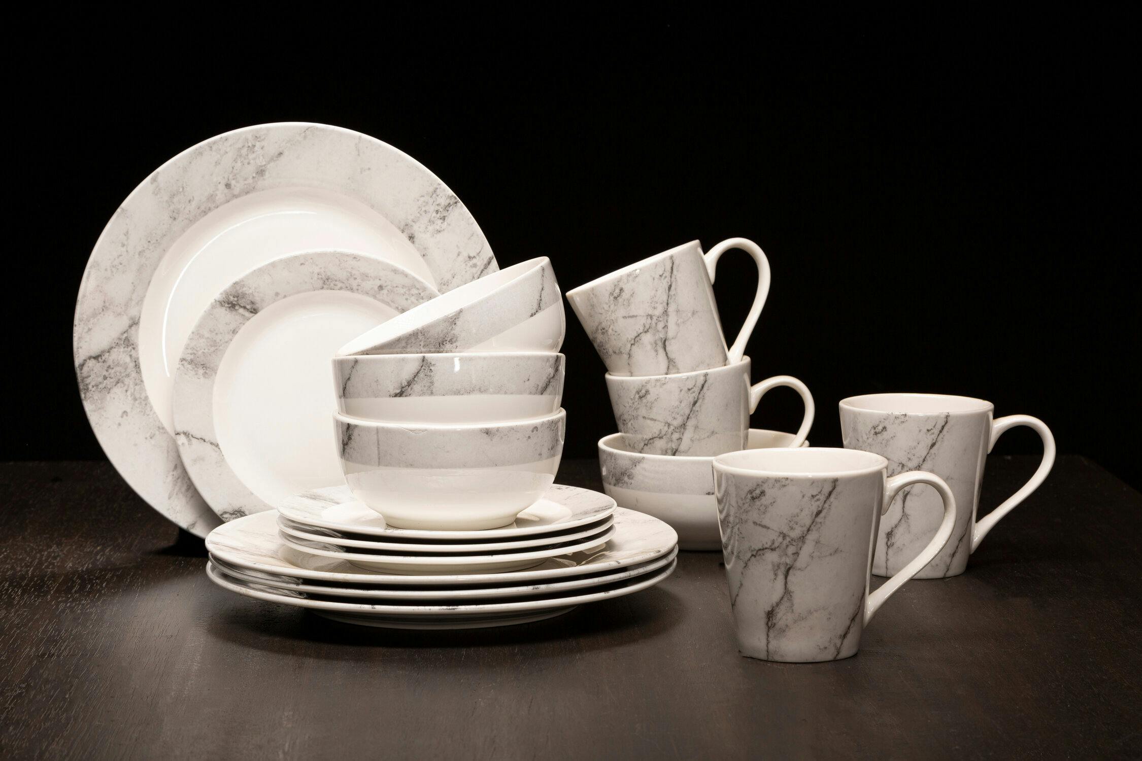Orsina Unisex Grey 16Pc White & Marble Effect Dinner Set, 16Pc Dinner Set, Porcelain Dinner Set, Ceramic Dinner Set - Image 3
