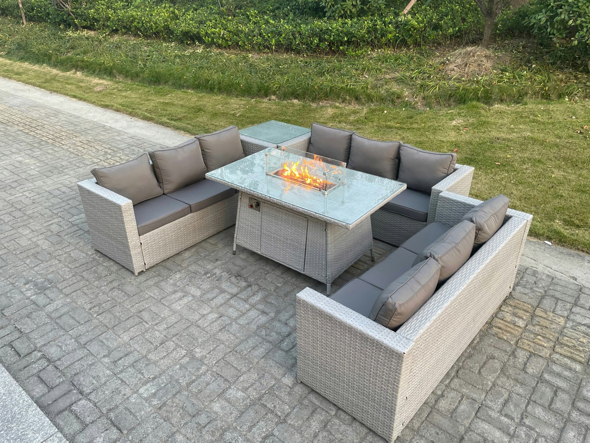 Rackhams Light/Grey U Shape Lounge Sofa Dining Set With Gas Heater Fire Pit Dining Table Set Burner With Extra Side Coffee Tea Table