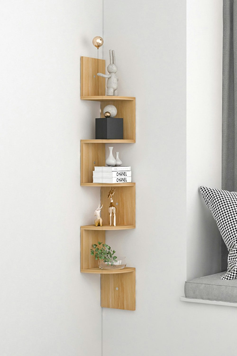 Rackhams Brown 5 Tier Zigzag Corner Bookcase Floating Wall Shelf