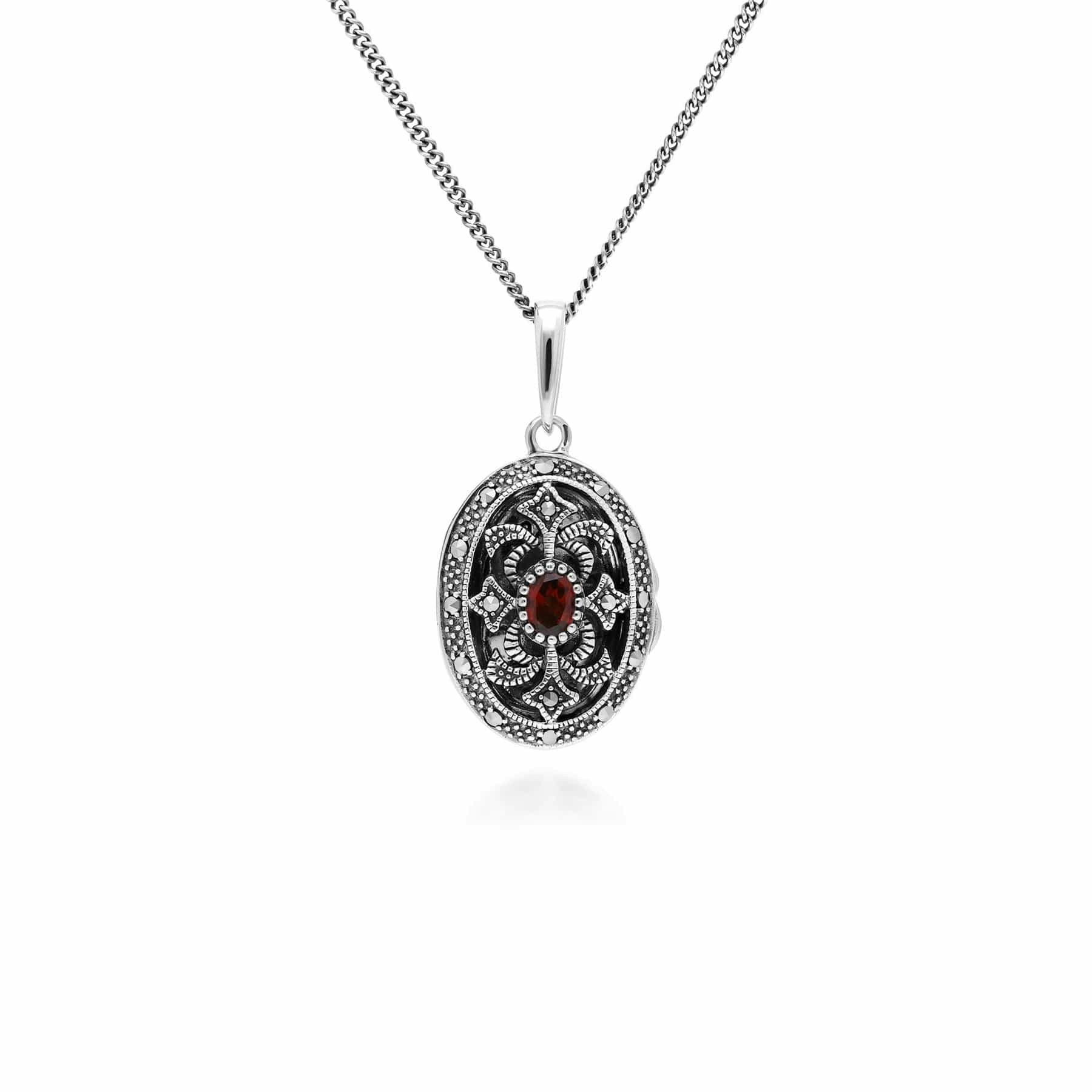 Gemondo Silver Art Nouveau Style Oval Garnet & Marcasite Locket Necklace In Sterling