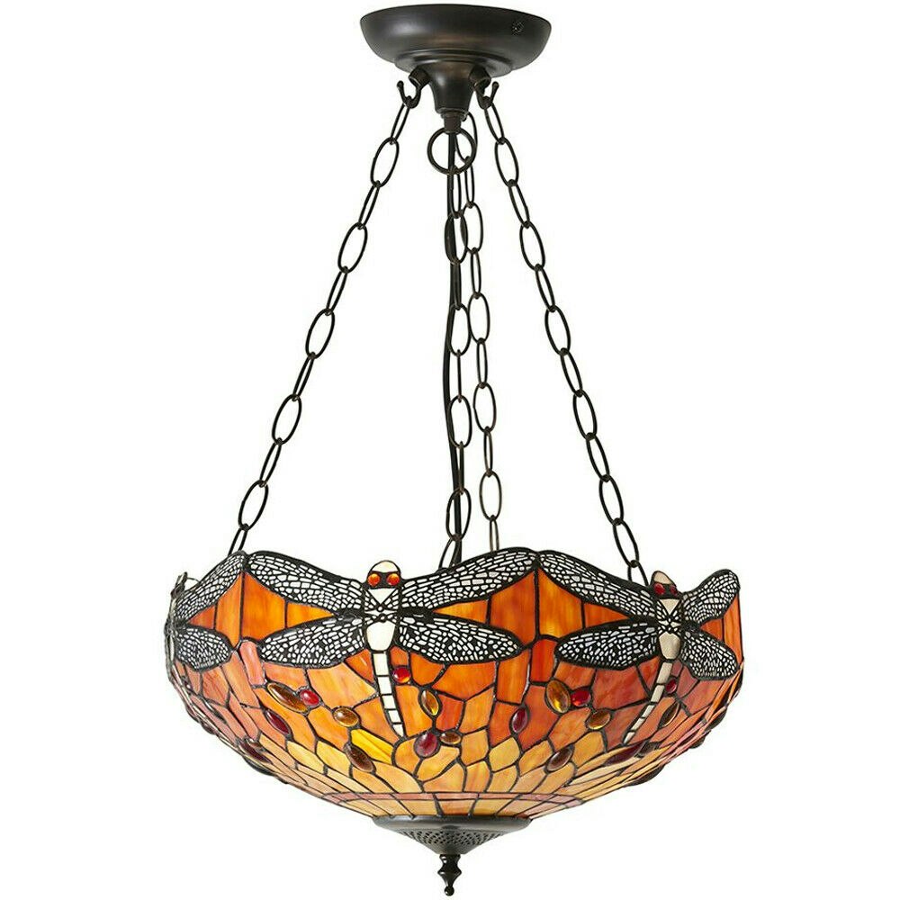 Rackhams Light/Orange Tiffany Glass Hanging Ceiling Pendant Dragonfly Lamp Shade I00111 Size 3
