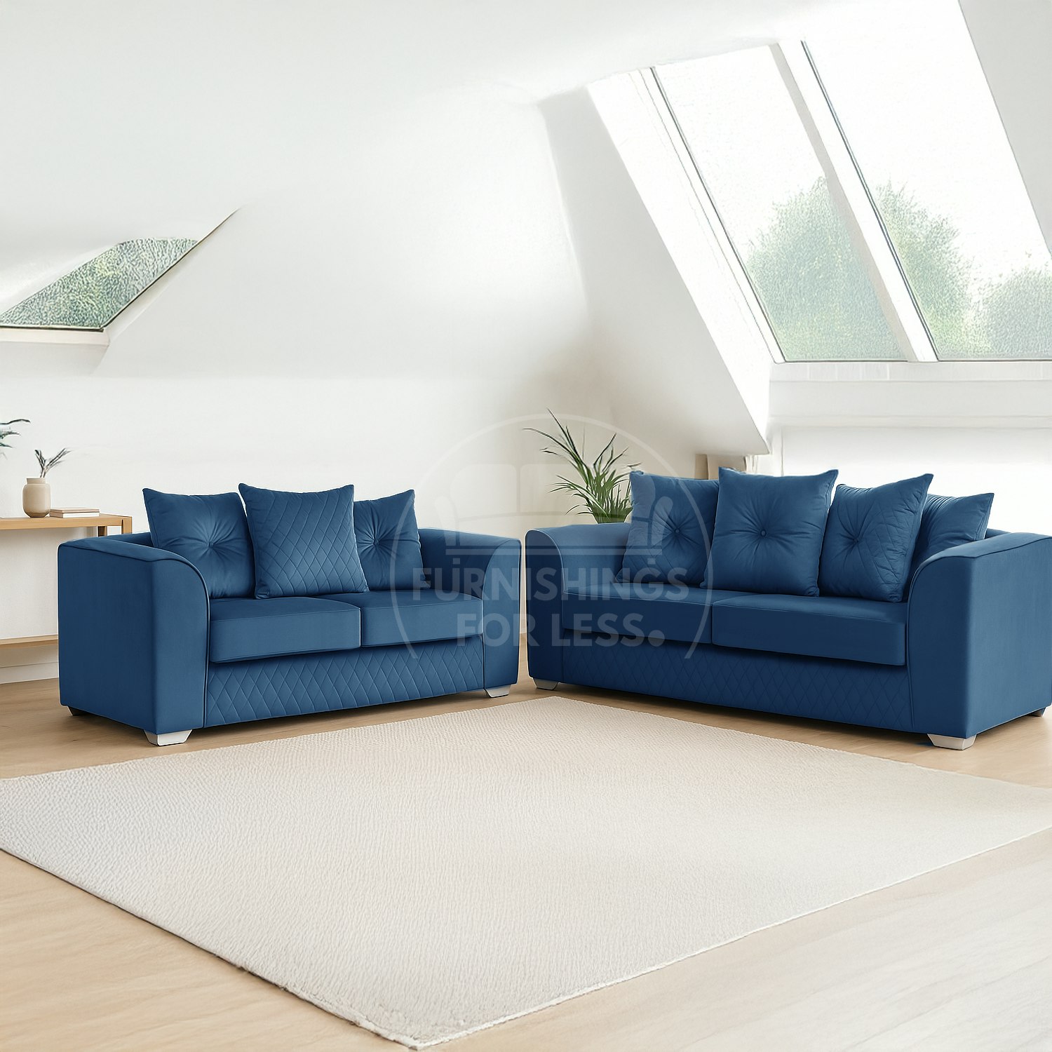 Furnishings For Less Blue Victoria Plush Velvet Sofa Suite